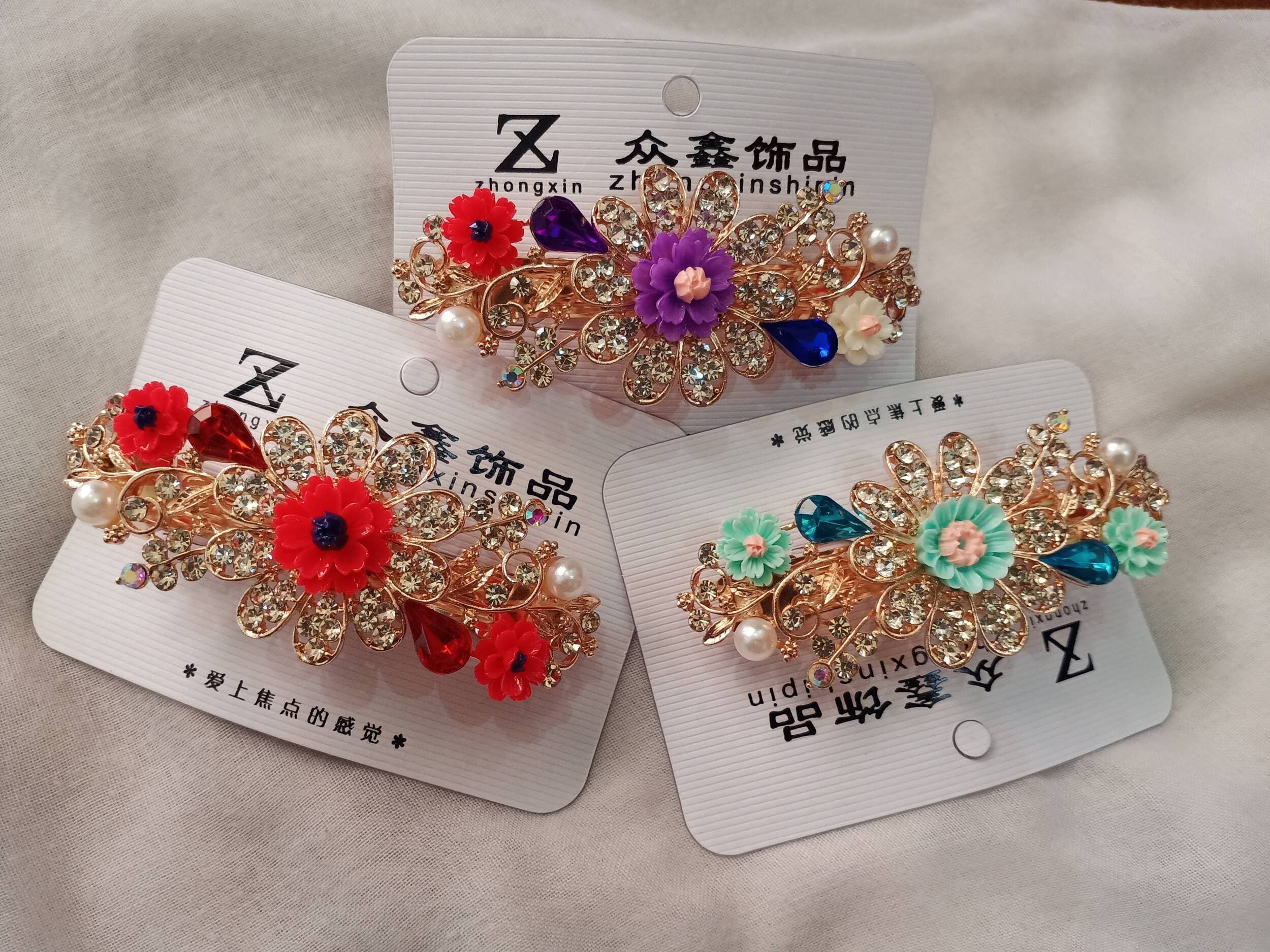 Metal Hair Clip With Stone and Flower - For Women Girls and Ladies - 1 Piece