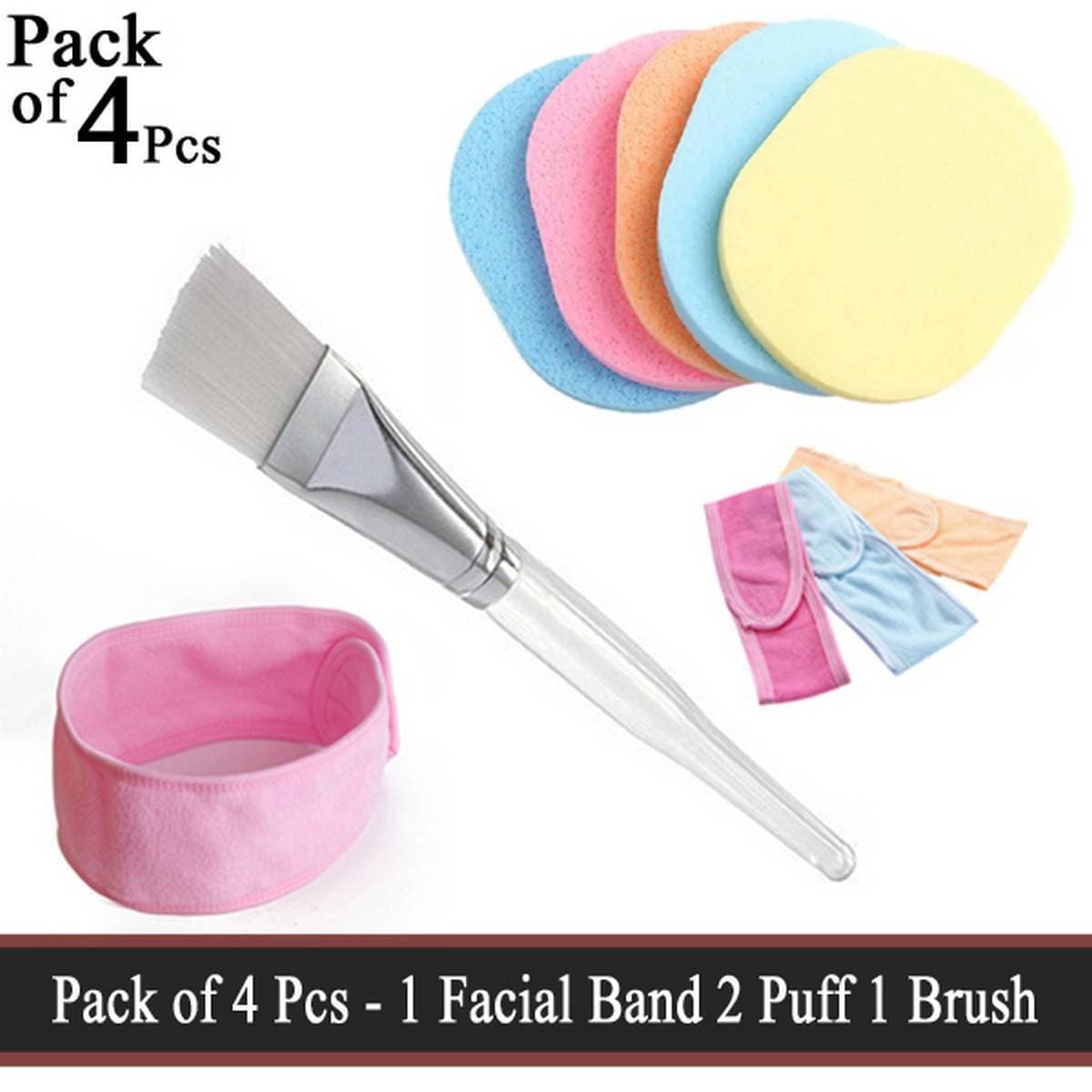 Pack of 4 Piece - 1 Facial Hair Band 2 Sponge Puff 1 Facial Mixing Brush - Facial Face Wash Cleansing Sponge Puff Pad Makeup Remover Puff