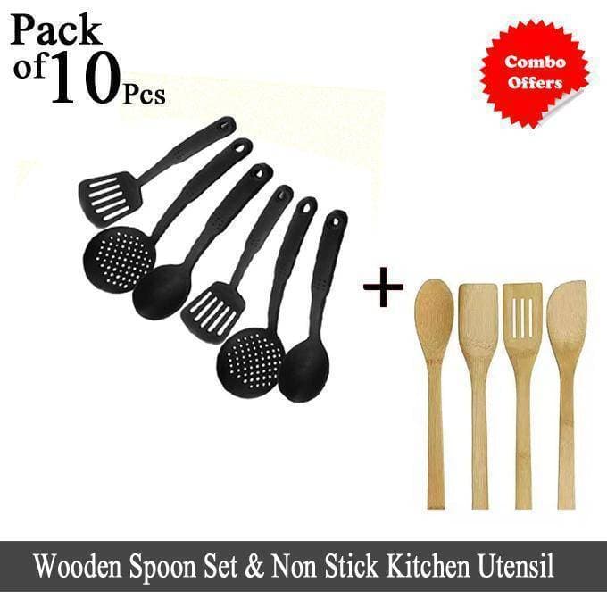 Combo Pack of 10 Pcs - Non Stick Kitchen Utensil Cooking Spoon Set & Wooden Spoon Set