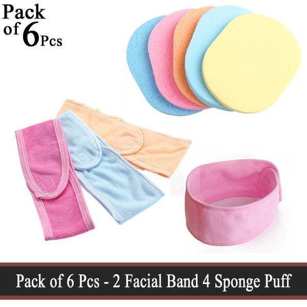Pack of 6 Piece - 2 Facial Band and 4 Sponge Puff - Beauty Soft Facial Face Wash Cleansing Sponge Puff Pad Makeup Remover Puff