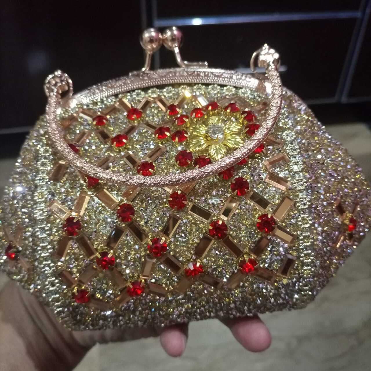 New Fancy Elegant Design Bridal And Party Hand Made Golden with Red Beads Clutches For Ladies