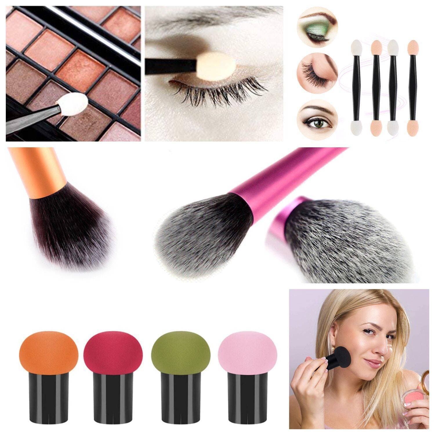 Face Powder Brush, Foundation Brush Buffing + Foundation Sponge Powder Puff Mushroom Head Dry Wet Dual-Use + Dual Sided Eye Shadow Sponge (14 Piece)