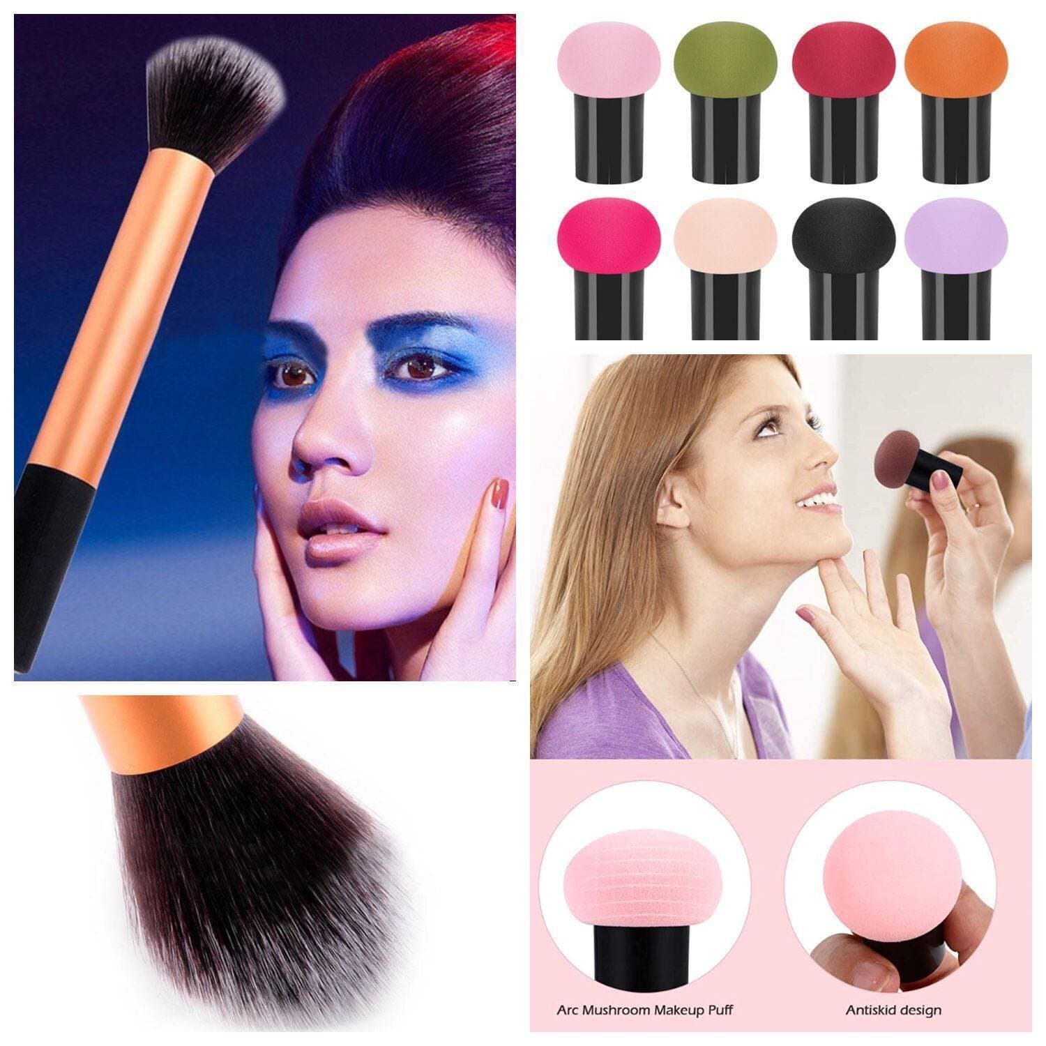 Face Powder Brush, Vegan Makeup Tool, Foundation Brush (1 Piece) + Foundation Sponge Powder Puff Mushroom Face Puffs  - (1 Piece)