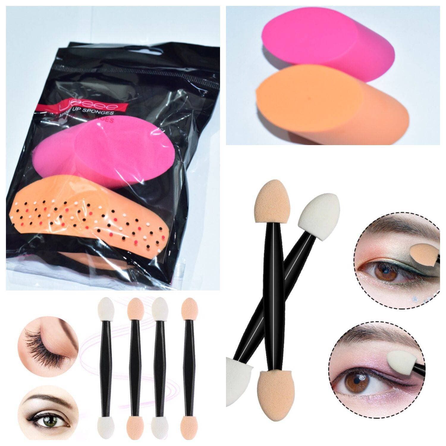 Dual Sided Eye Shadow Sponge Oval Tipped Disposable Applicators (Pack of 12) + Sponge Cosmetic Puff Beauty Makeup Foundation (Pack of 2) - BestCott