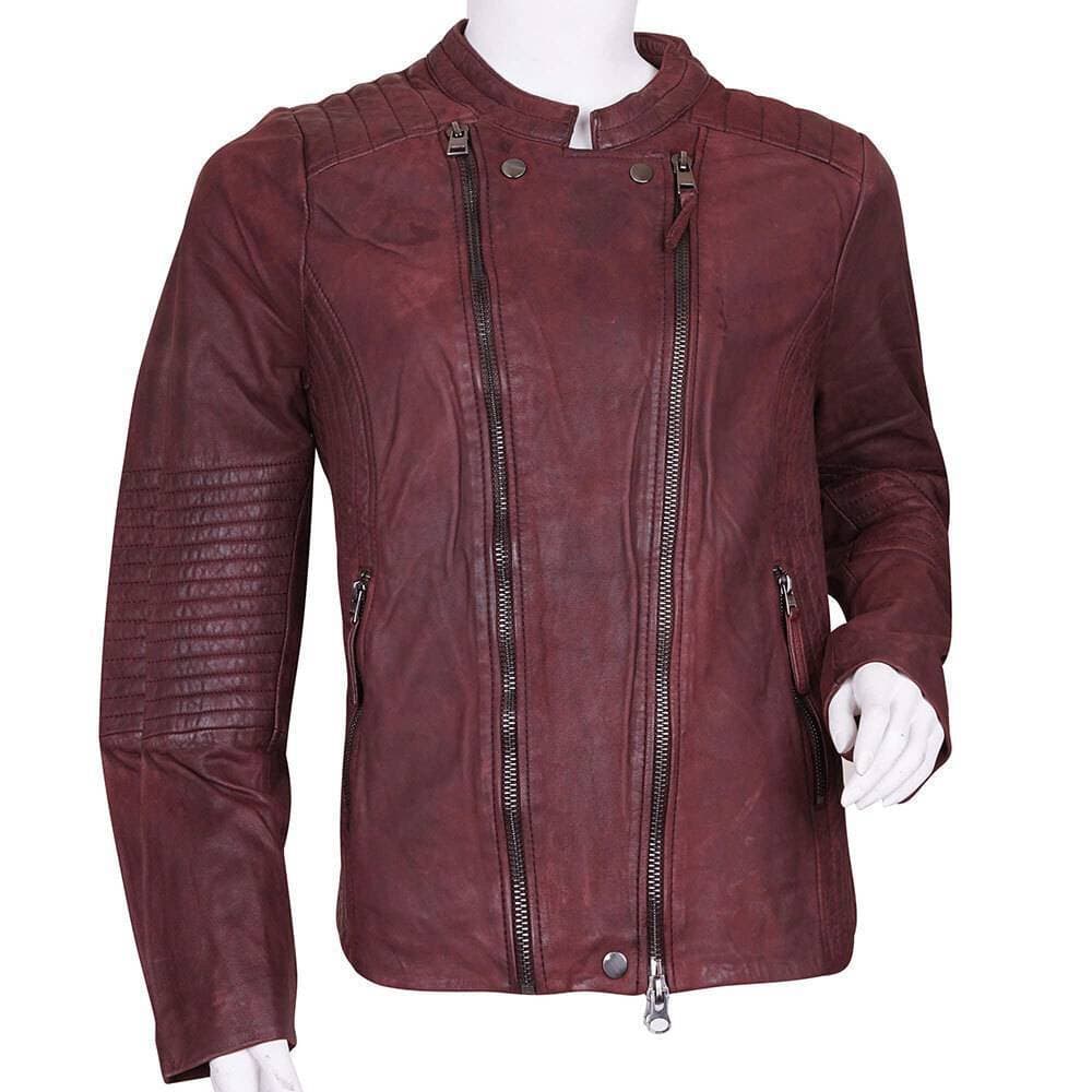 Desiderio Genuine Sheep Leather Button & Zipper Closure Jacket For Women - Maroon