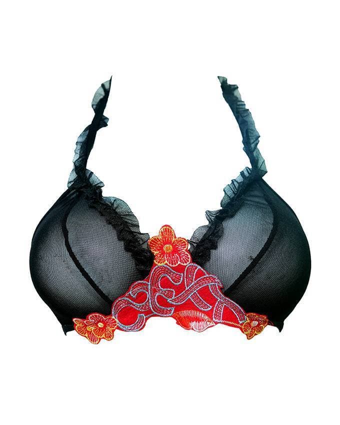 Black Bikini Set With Red Flower Design