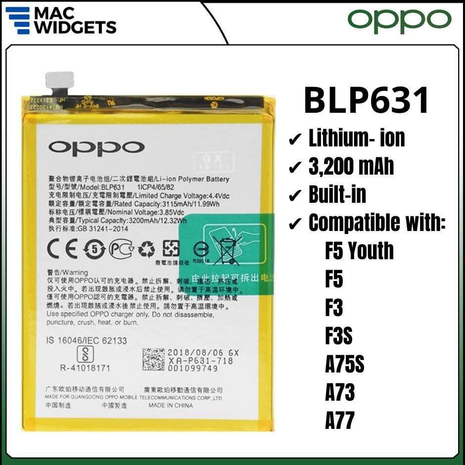 Oppo F5, F5 Youth, F3 Battery Replacement BLP631 With 3200mAh Capacity