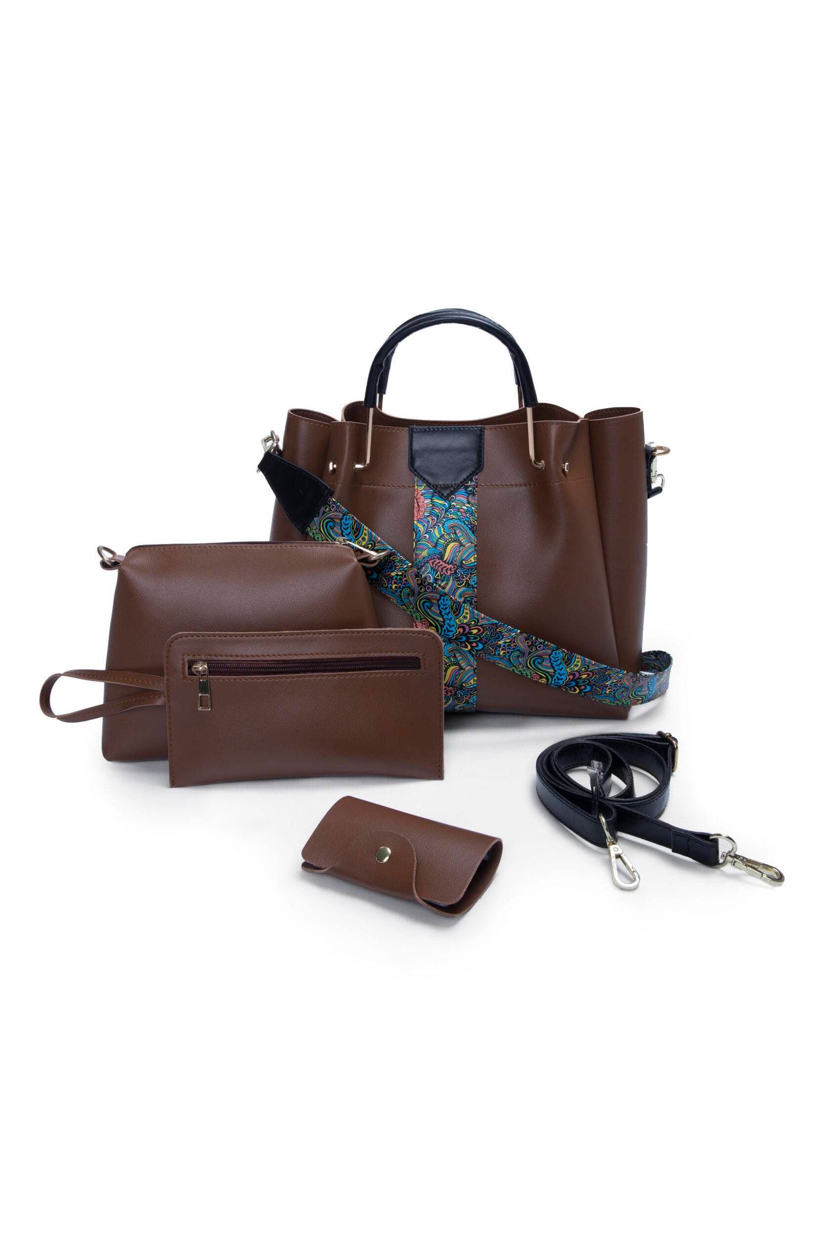 Women’s Brown Floral Hand, Cross Body & Shoulder Bag – 4 Pieces Set