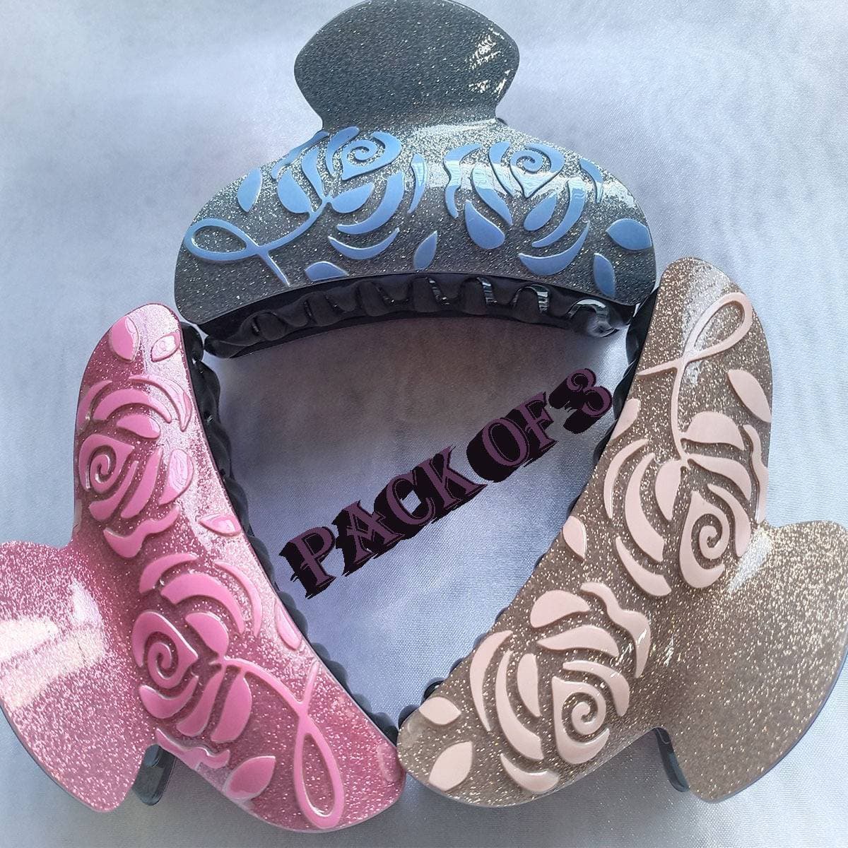 3 Pcs Stylish Laminated Glitter Hair Claw Clip 3.5inch No Slip Jaws Multi-color For Women Girls Fit Thin And Thick Hair Strong Grip