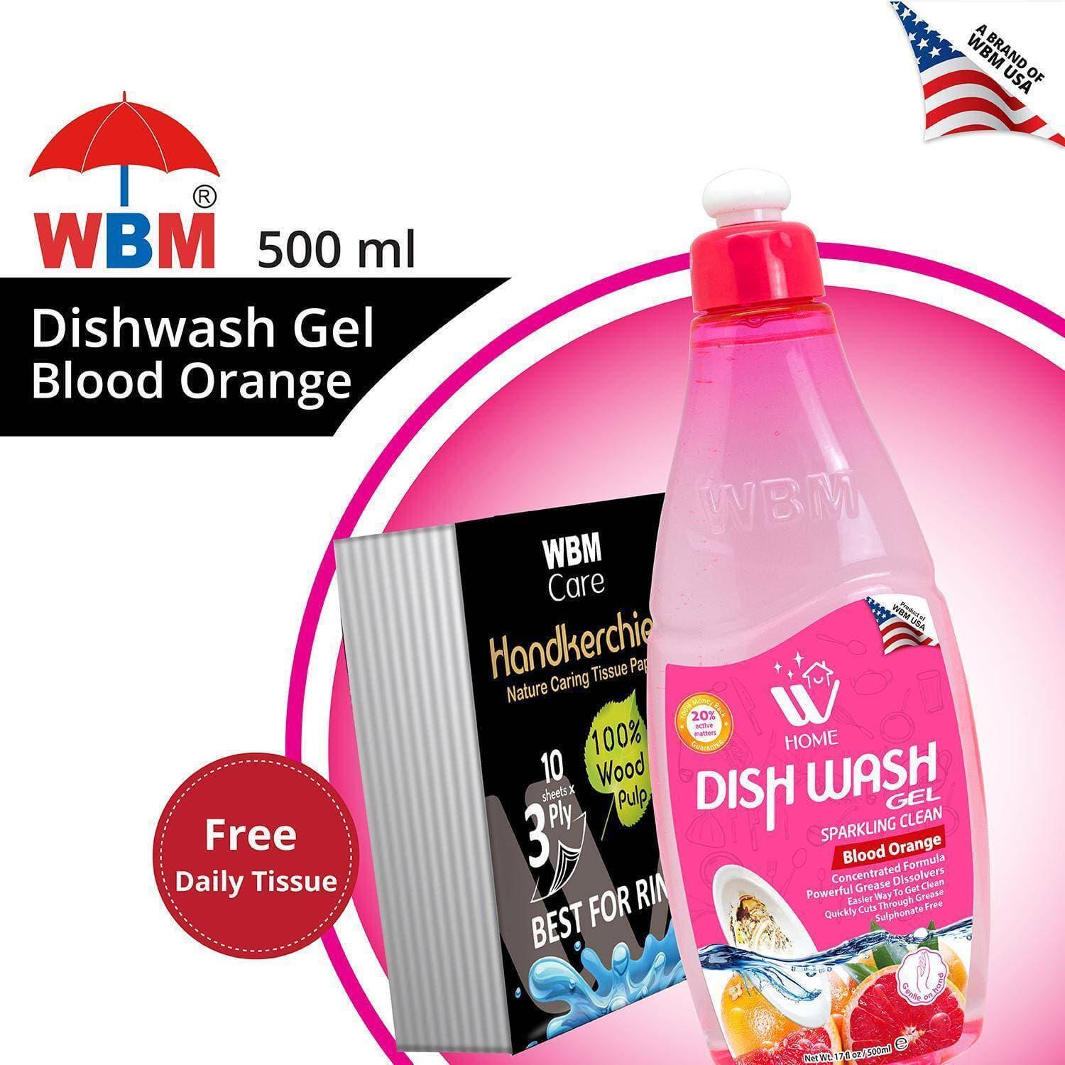Free Daily Tissue with WBM Active Dishwash Gel Blood Orange - 500 ML | Made In USA