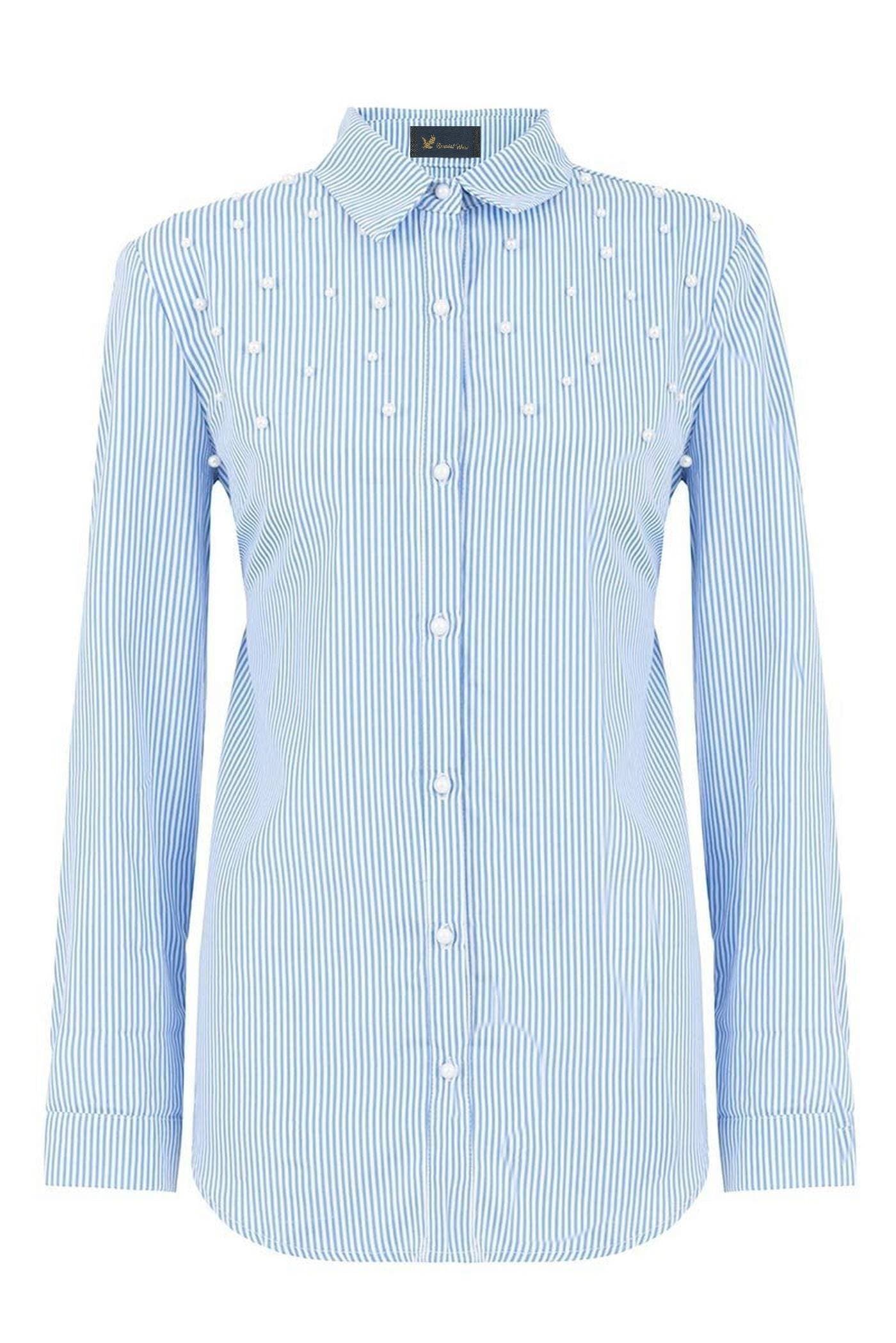 Blue and White Stripe Cotton Pearl Detail Shirt - Tempting