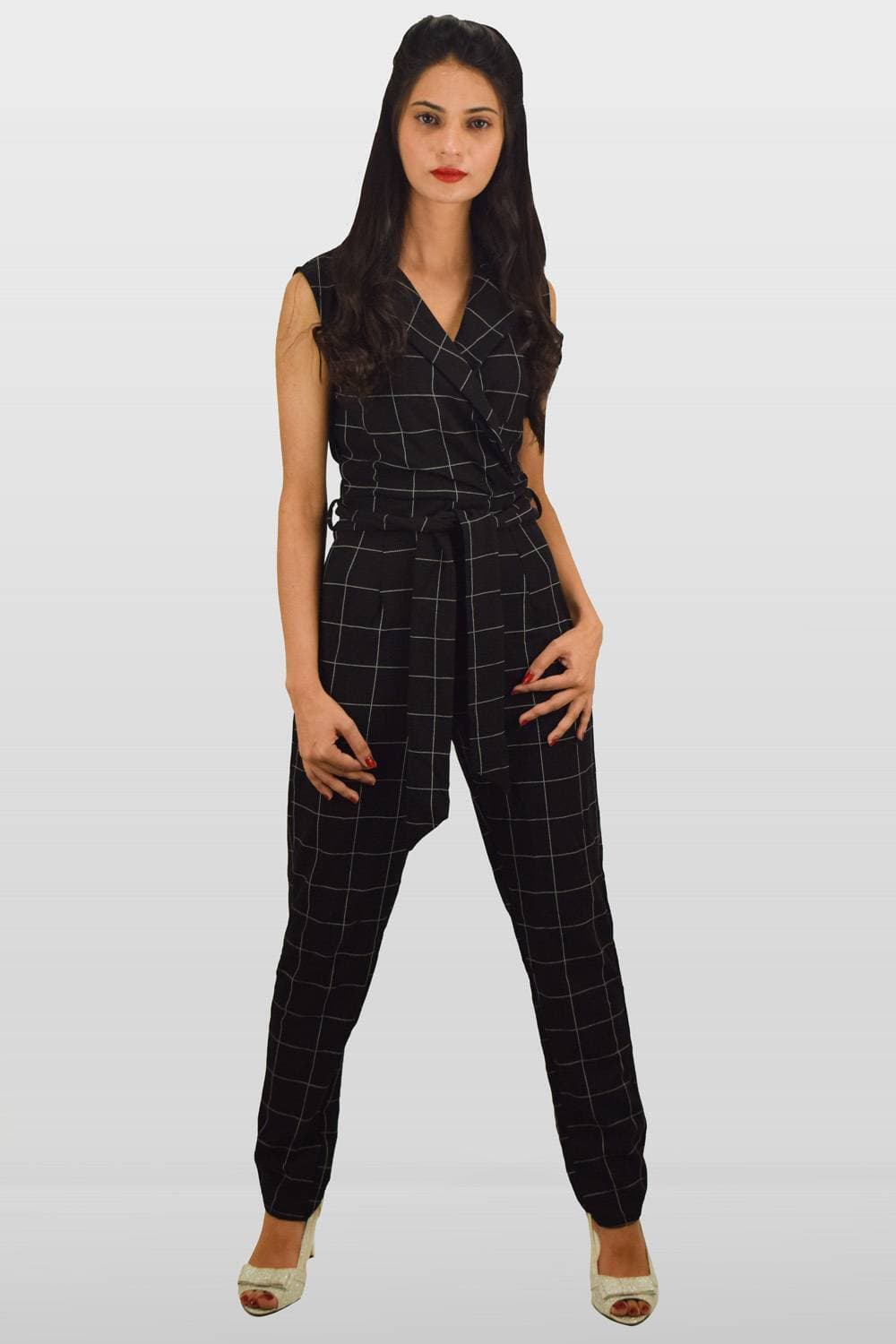 Black And White Check Print Lapel Jumpsuit - majestic