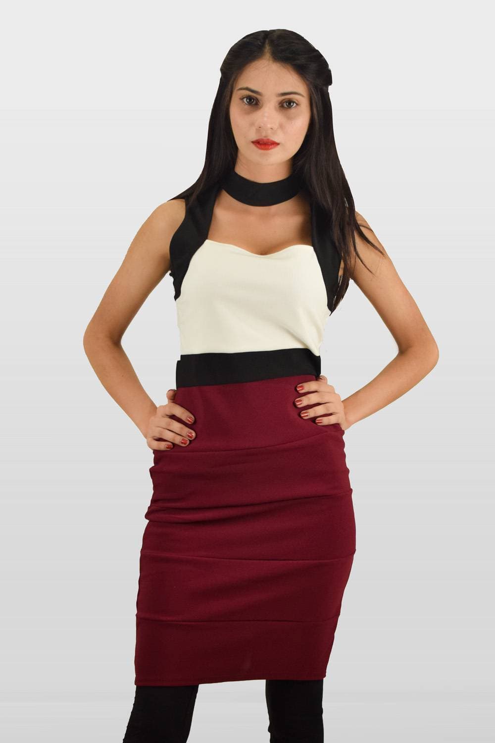 Cream/Black/Wine Turtle Neck Dress - Delight