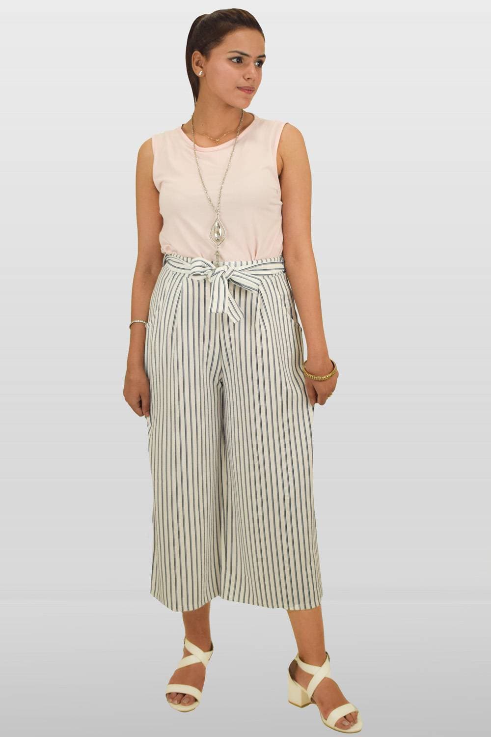 White And Navy Stripe Culotte Trousers High Quality