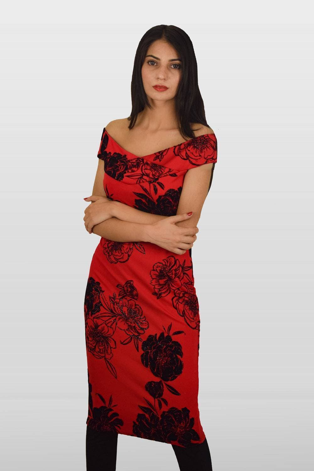 Red Glitter Flock Floral Print Bardot Midi Dress - Blissful