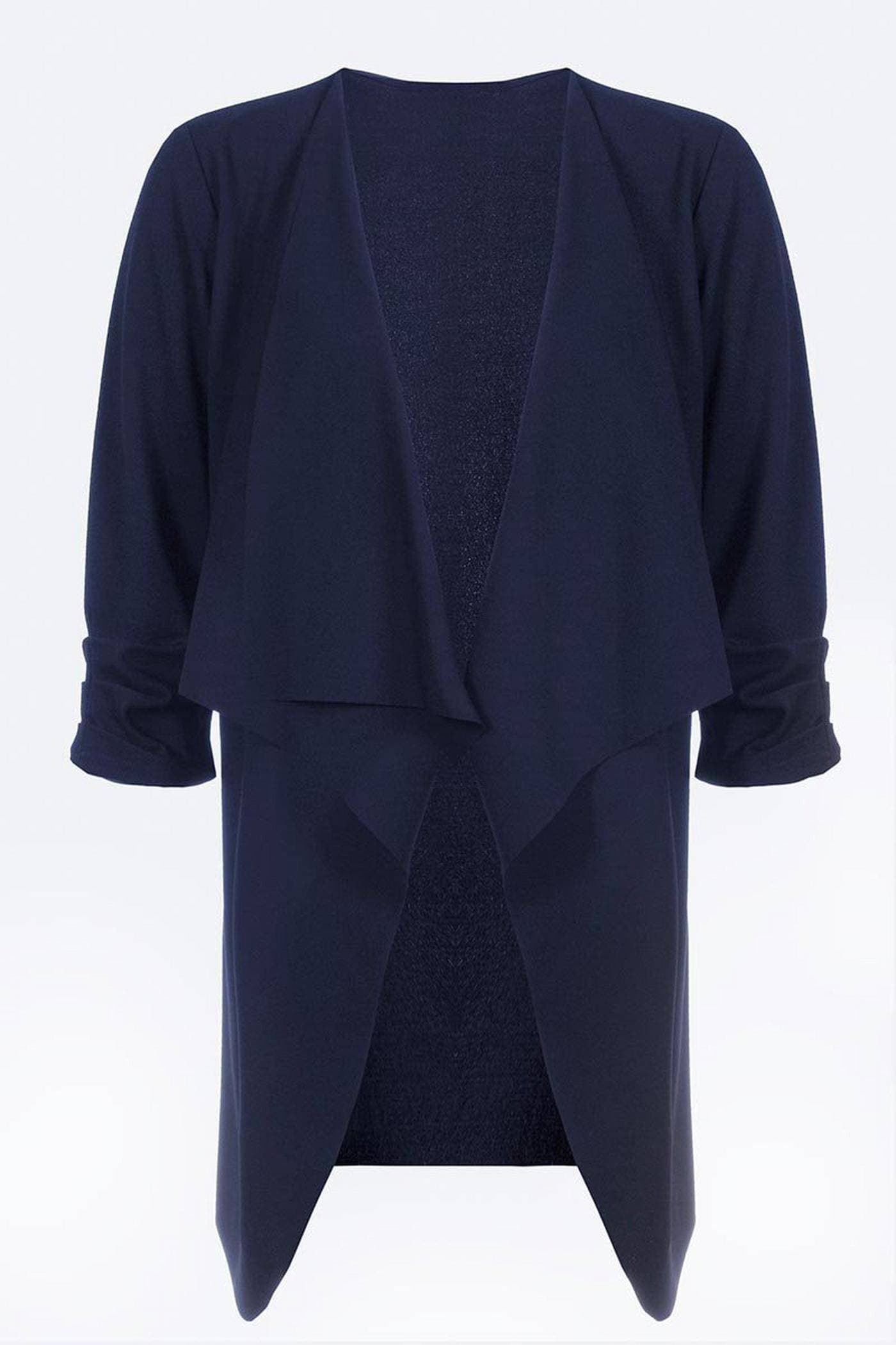 Navy Waterfall Front 3/4 Ruched Sleeve Jacket - Marvelous