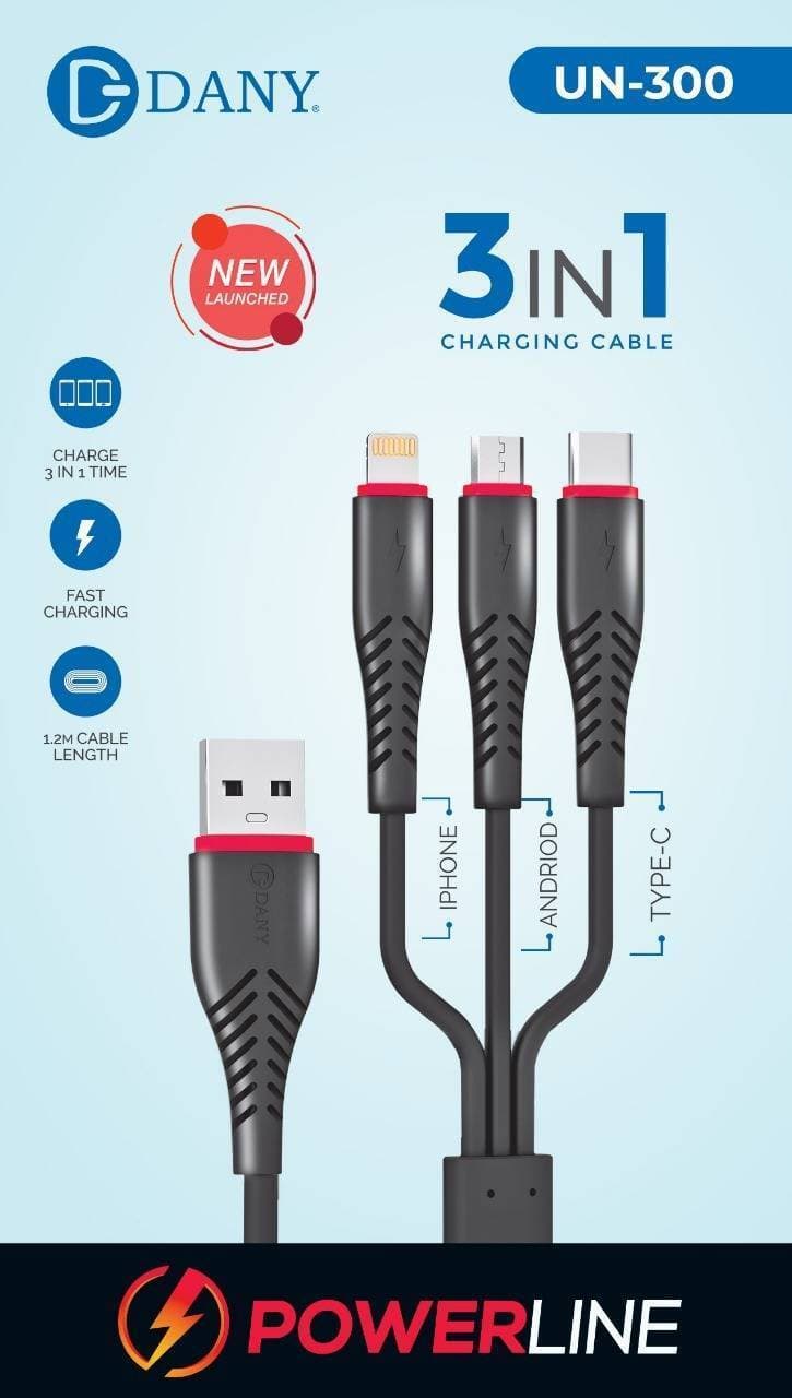 (3 in 1) Power Line UN-300 Fast Charging Data Cable micro USB,Lightening and type C