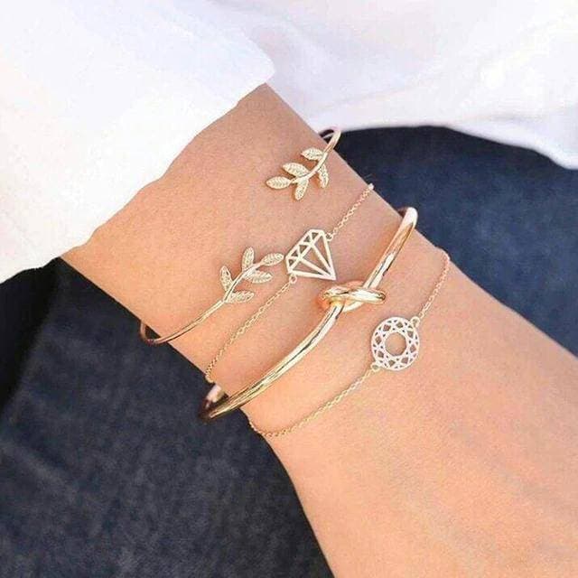 Tocona 4pcs/Set Fashion Bohemia Leaf Knot Hand Cuff Link Chain Charm Bracelet Bangle for Women Gold Bracelets