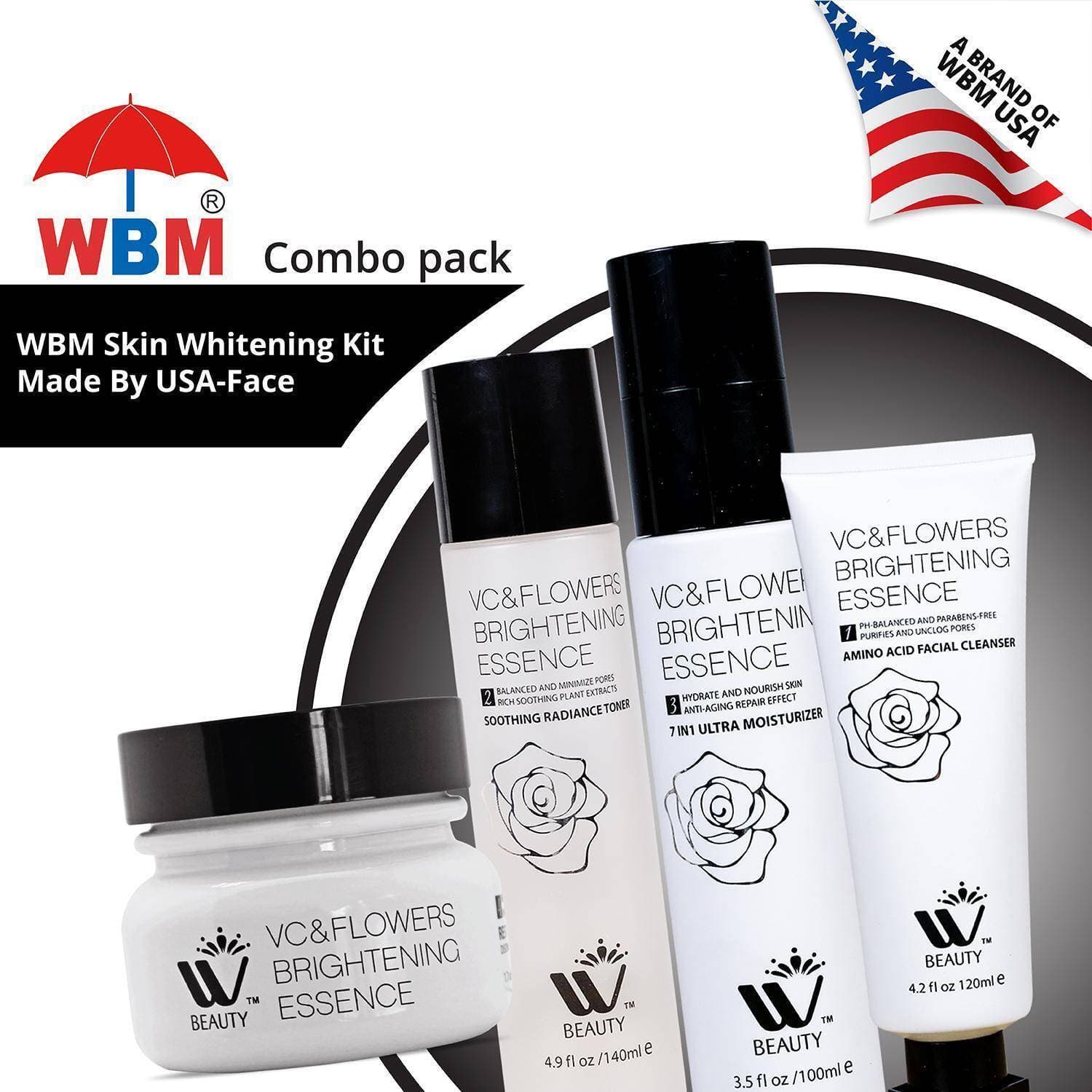 Combo Pack of 4-WBM Skin Whitening Kit Made By USA-Face Wash, Whitening Cream,Facial Moisturizer & Skin Toner