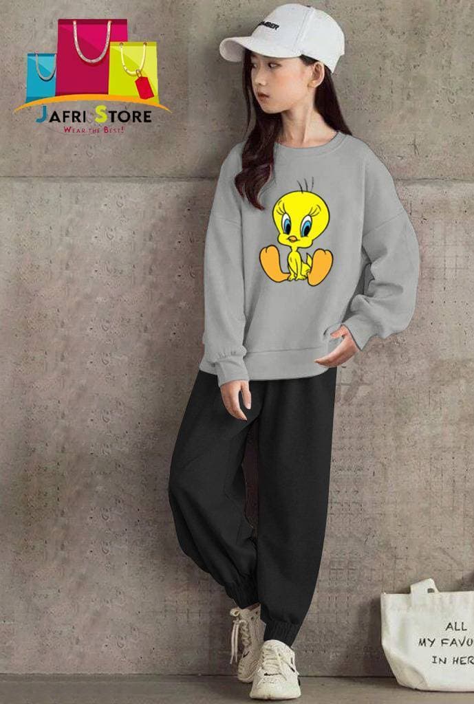 Summer Collection Kids Tracksuit For Girls- Gray & Black - Wonderful