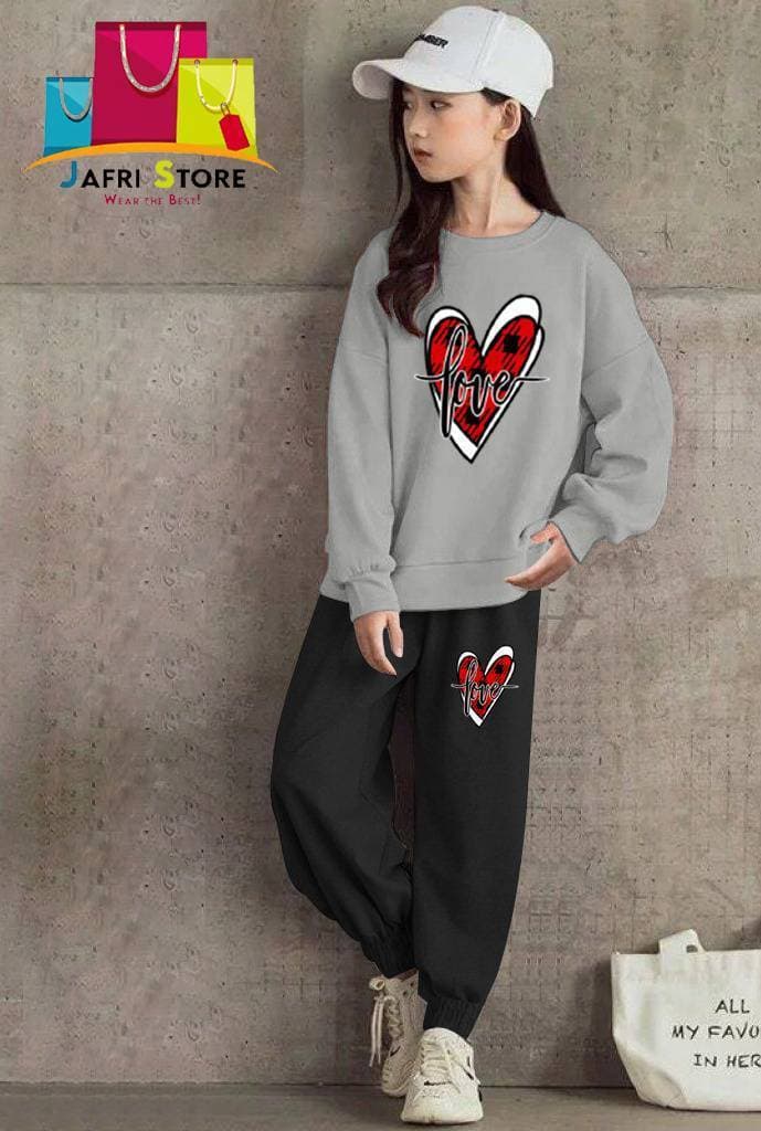 Summer Collection Kids Tracksuit For Girls- Gray & Black - Blissful