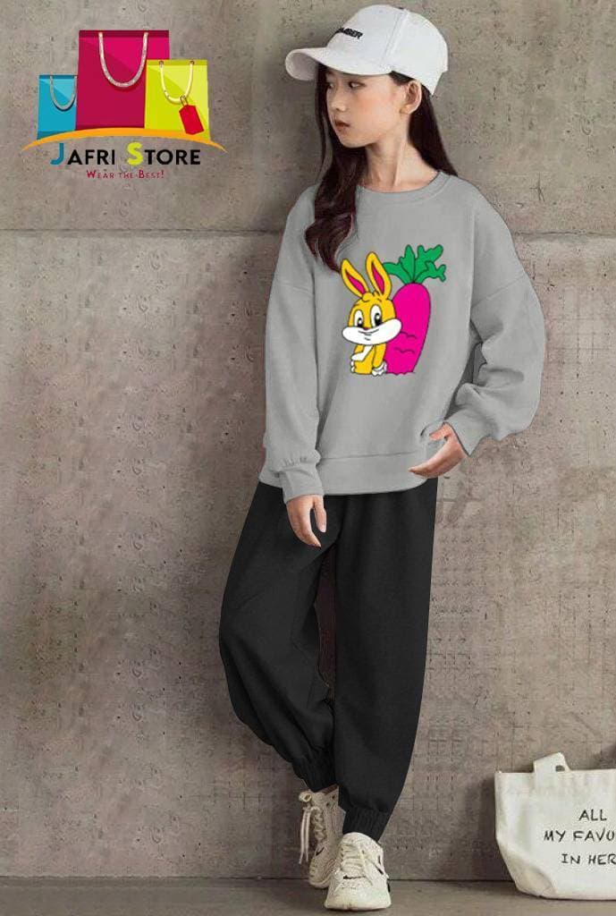 Summer Collection Kids Tracksuit For Girls- Gray & Black - Delight