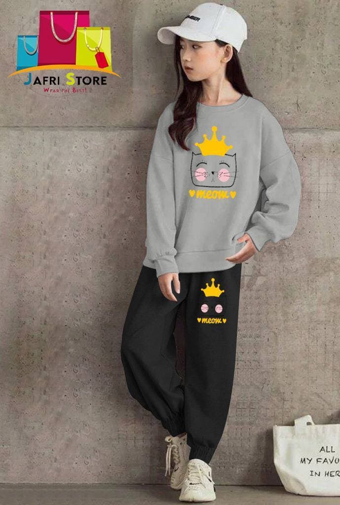 Summer Collection Kids Tracksuit For Girls- Gray & Black - Appealing