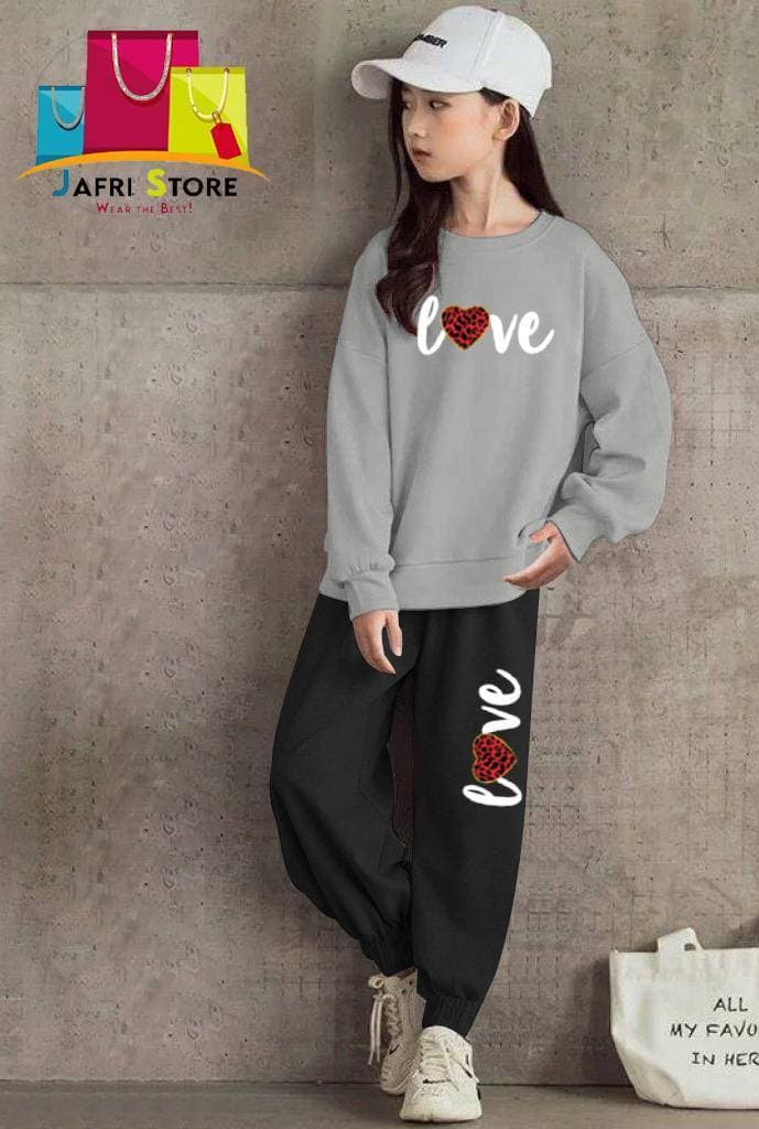 Summer Collection Kids Tracksuit For Girls- Gray & Black - Tempting
