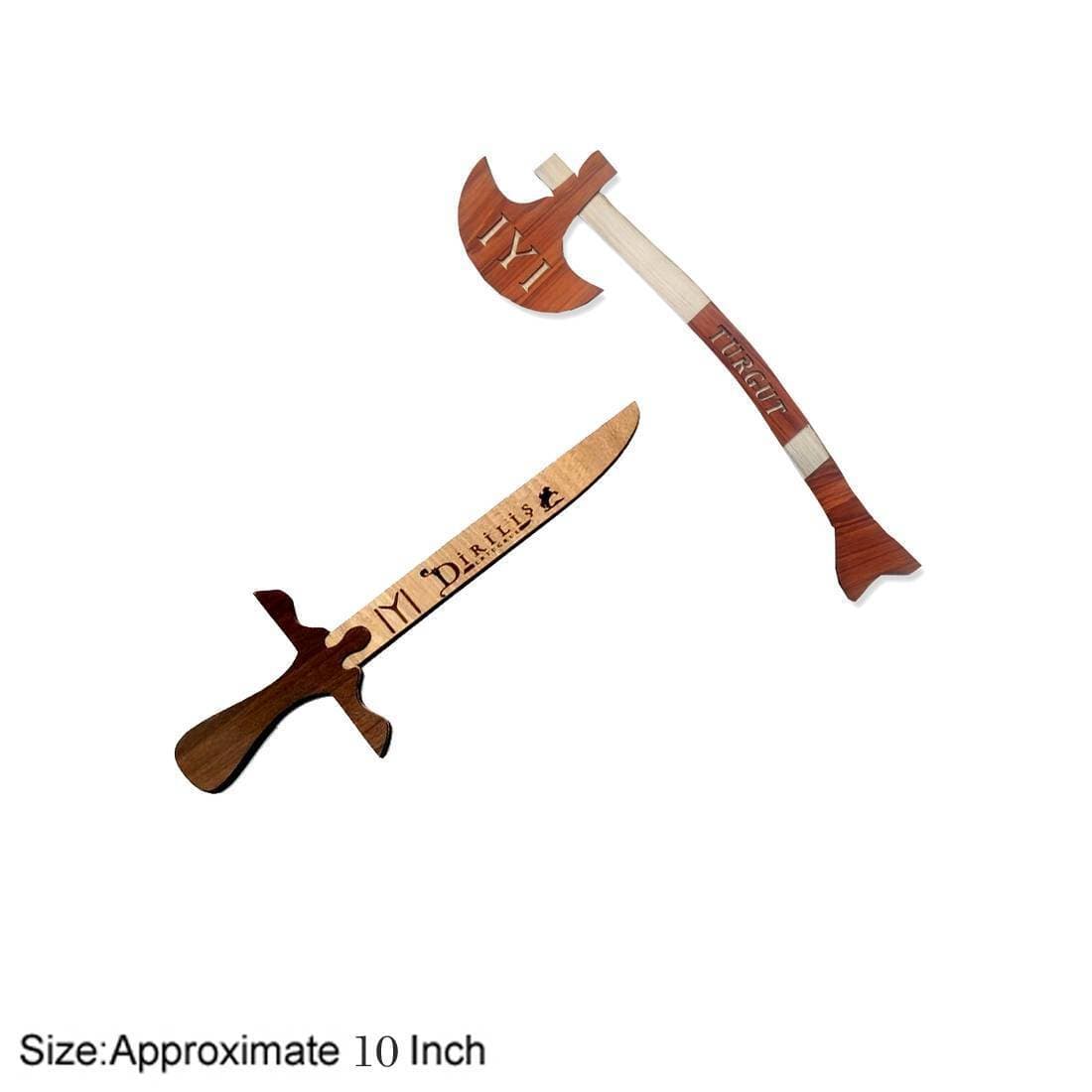 Pack of 2 Pcs - Wooden Ertugrul Sword_ Turgut Axe Toys set for kids Boys and Girls - 25cm/10-Inch