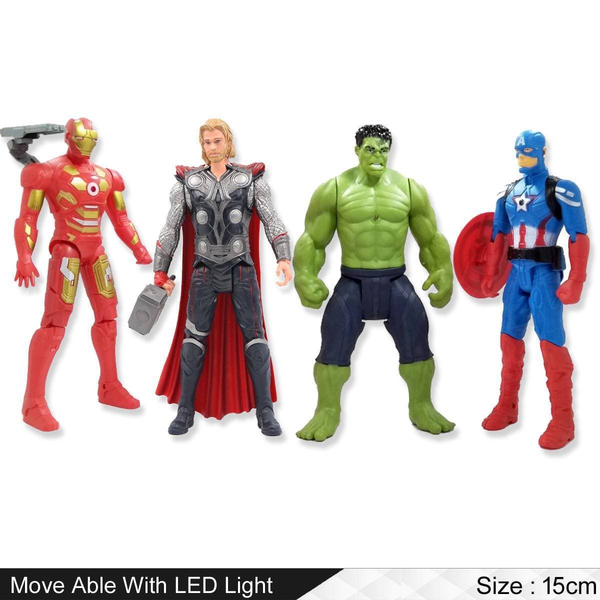 4 Pcs Set - Marvel Avengers Superhero Action Figures Toys For Kids and Boys - Hulk - Thor - Captain America - Iron Man - Movable With Led Light - Size 15cm