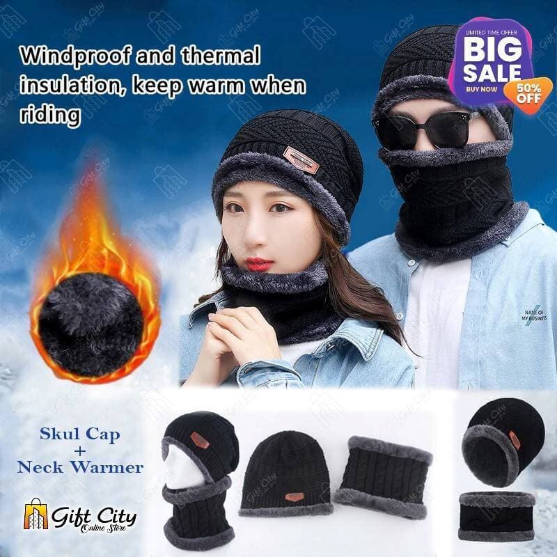 Winter Knitted Cap & Neck Warmer for Men / Women Fashion Warm knit Set Snow Proof Cap + Scarf Gift City