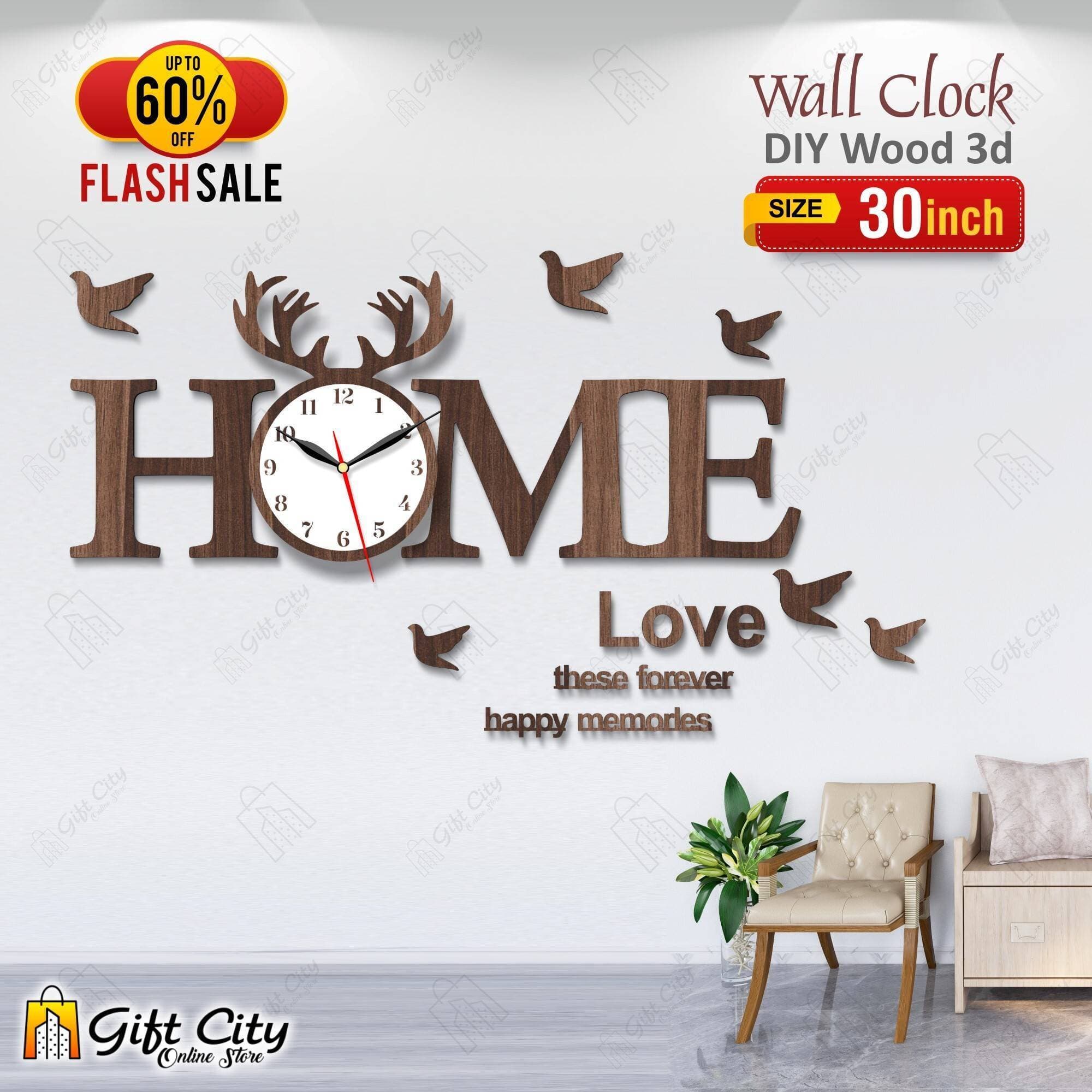 Brown Home Love with Birds Wooden Wall Clock - GCOS07