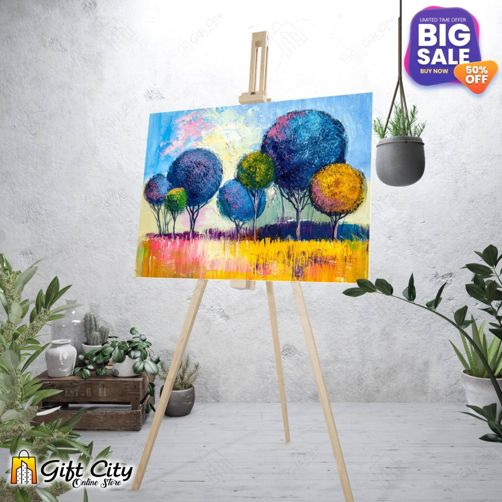 Abstract Rainbow Trees Painting Canvas with Frame  18x24 inch