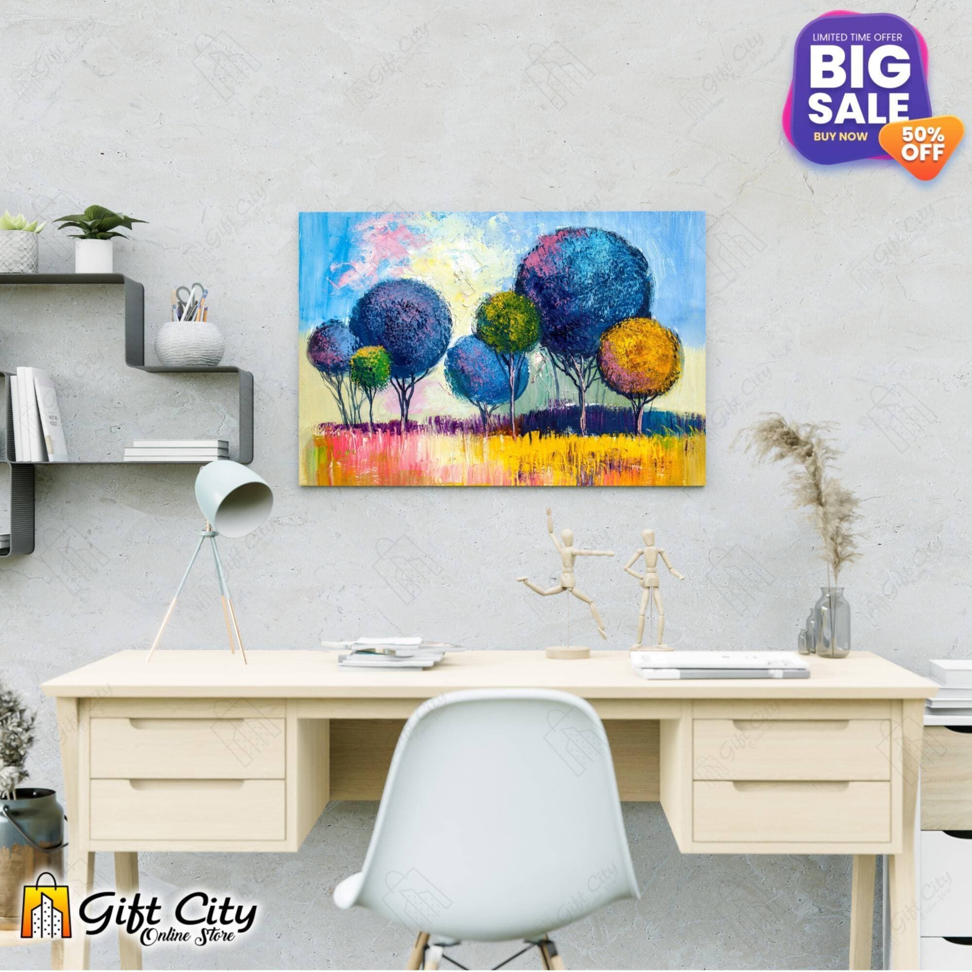 Abstract Rainbow Trees Painting Canvas with Frame Wall  12x18 inch