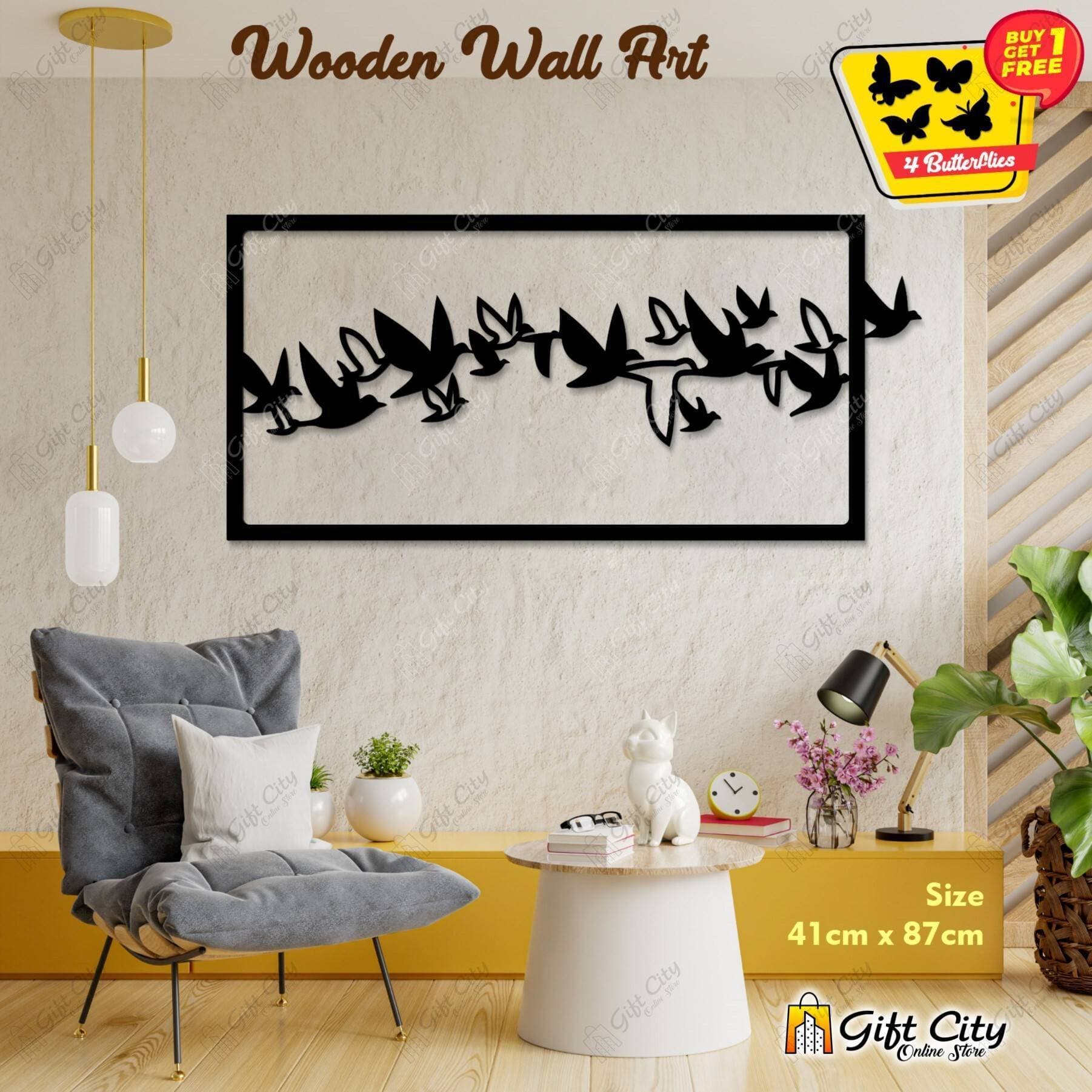 Free 4 Butterflies Flying Lot of Birds Decorative Wooden Wall Panels
