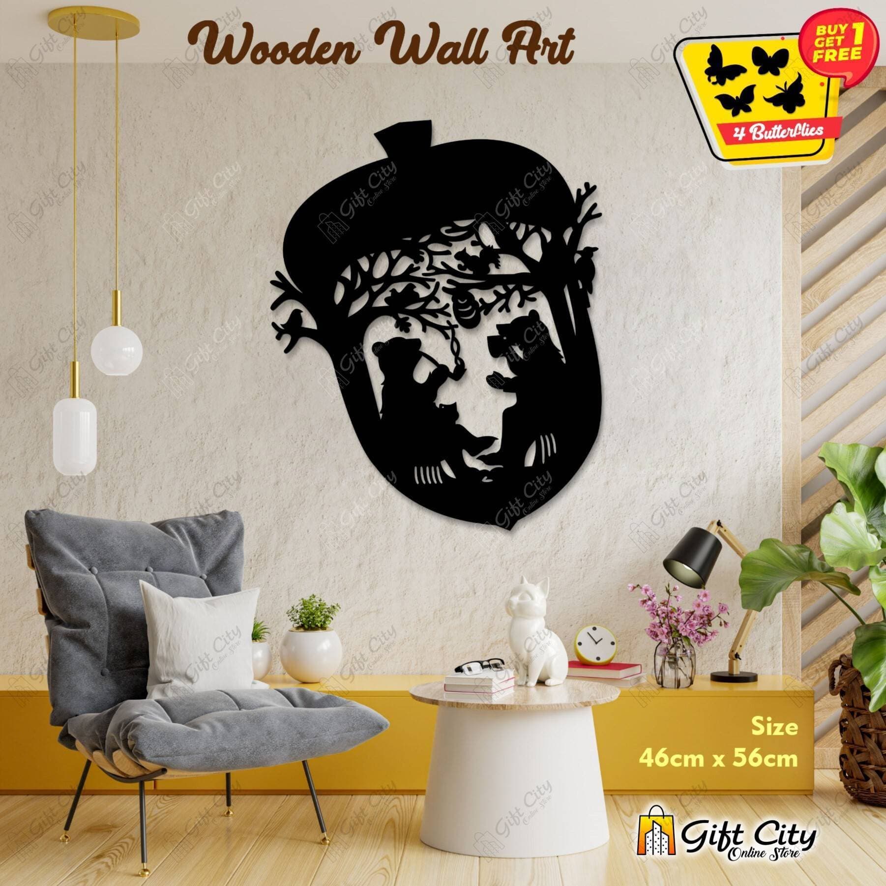 Free 4 Butterflies Acorn with Bear Decorative Wooden Wall Panels