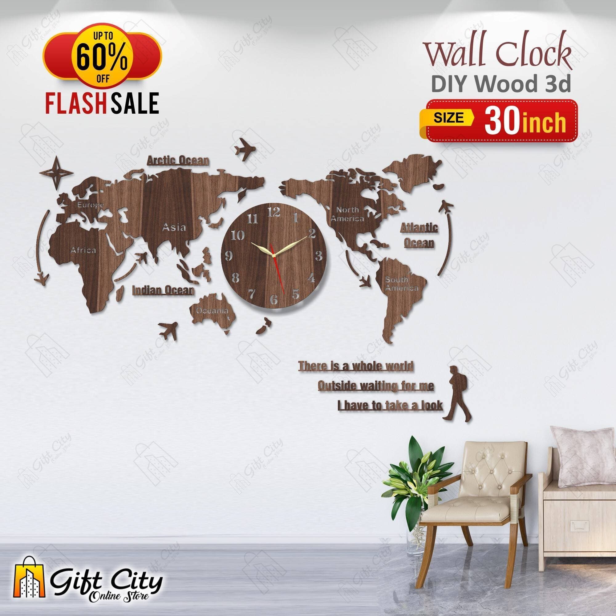 Brown World Map Wooden Wall Clock - GCOS15