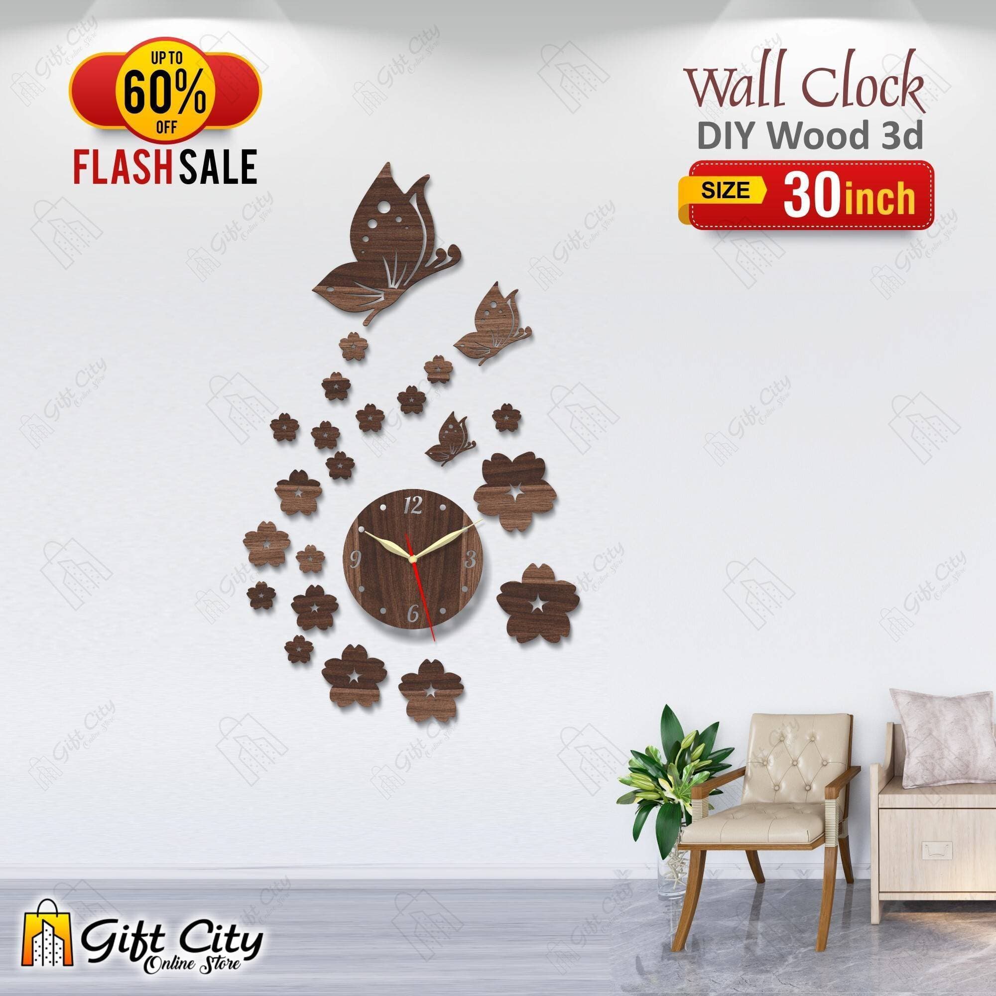 Brown Flying Birds with Flowers Wooden Wall Clock - GCOS09