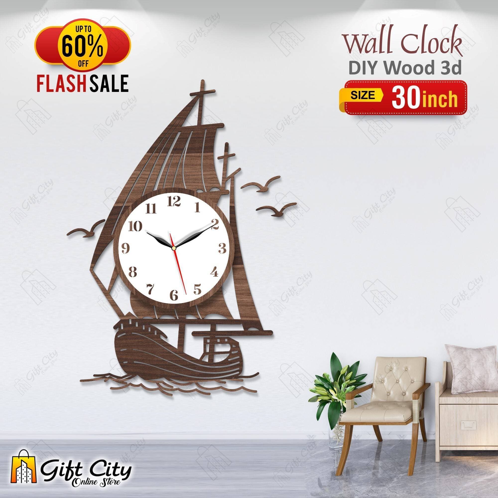 Brown Yatch Kashti Wooden Wall Clock - GCOS03