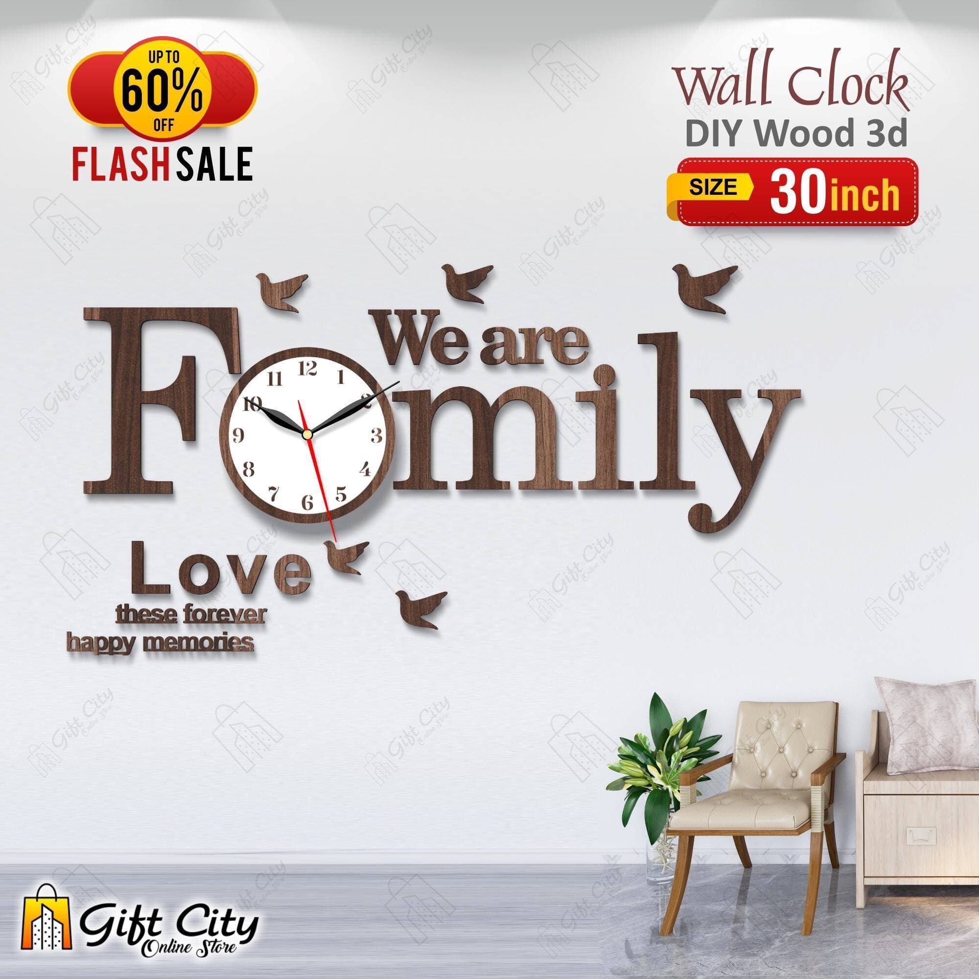 Brown We are Family with Birds Wooden Wall Clock - GCOS14