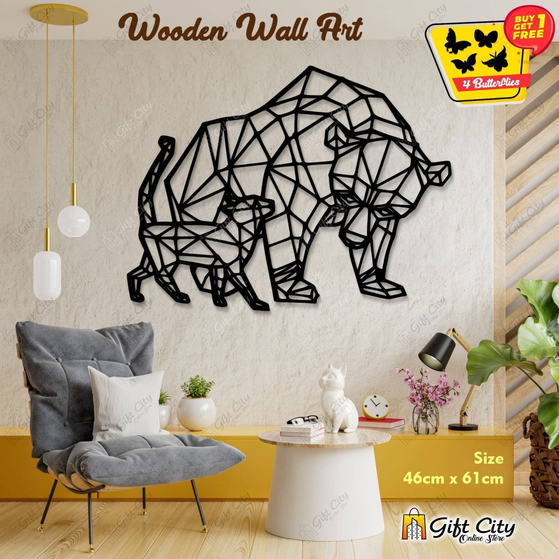 Free 4 Butterflies Bear with Cat Animal Art Decorative Wooden Wall Panel