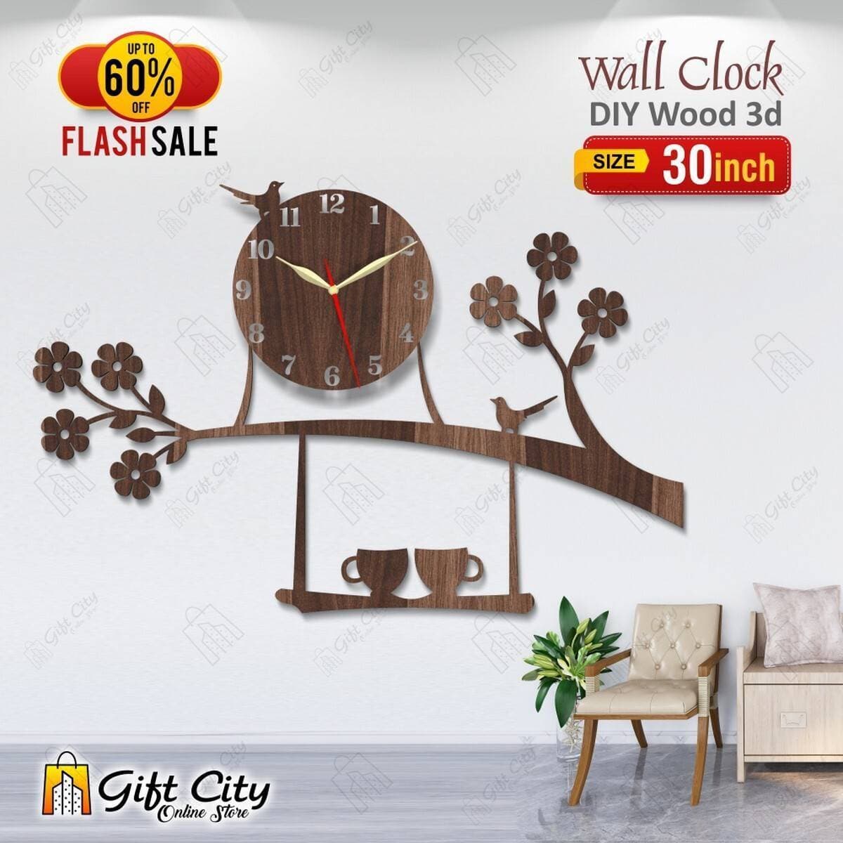 Brown Bird on Tree with Coffee Cup Wooden Wall Clock - GCOS10