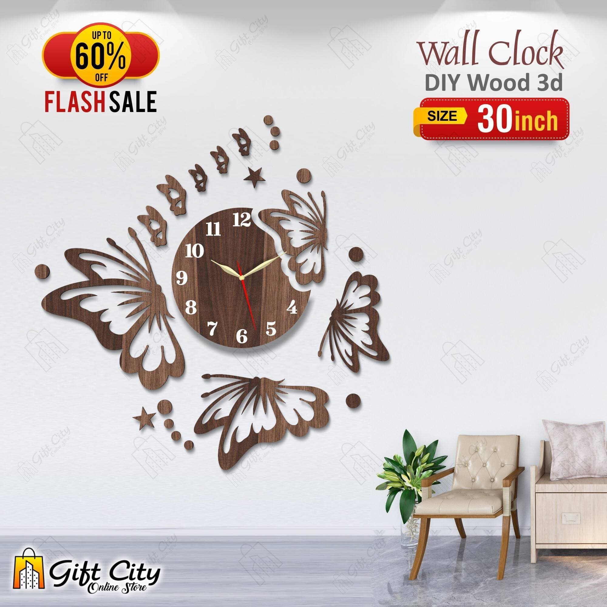 Flying Butterflies with Stars Wooden Wall Clock - GCOS06