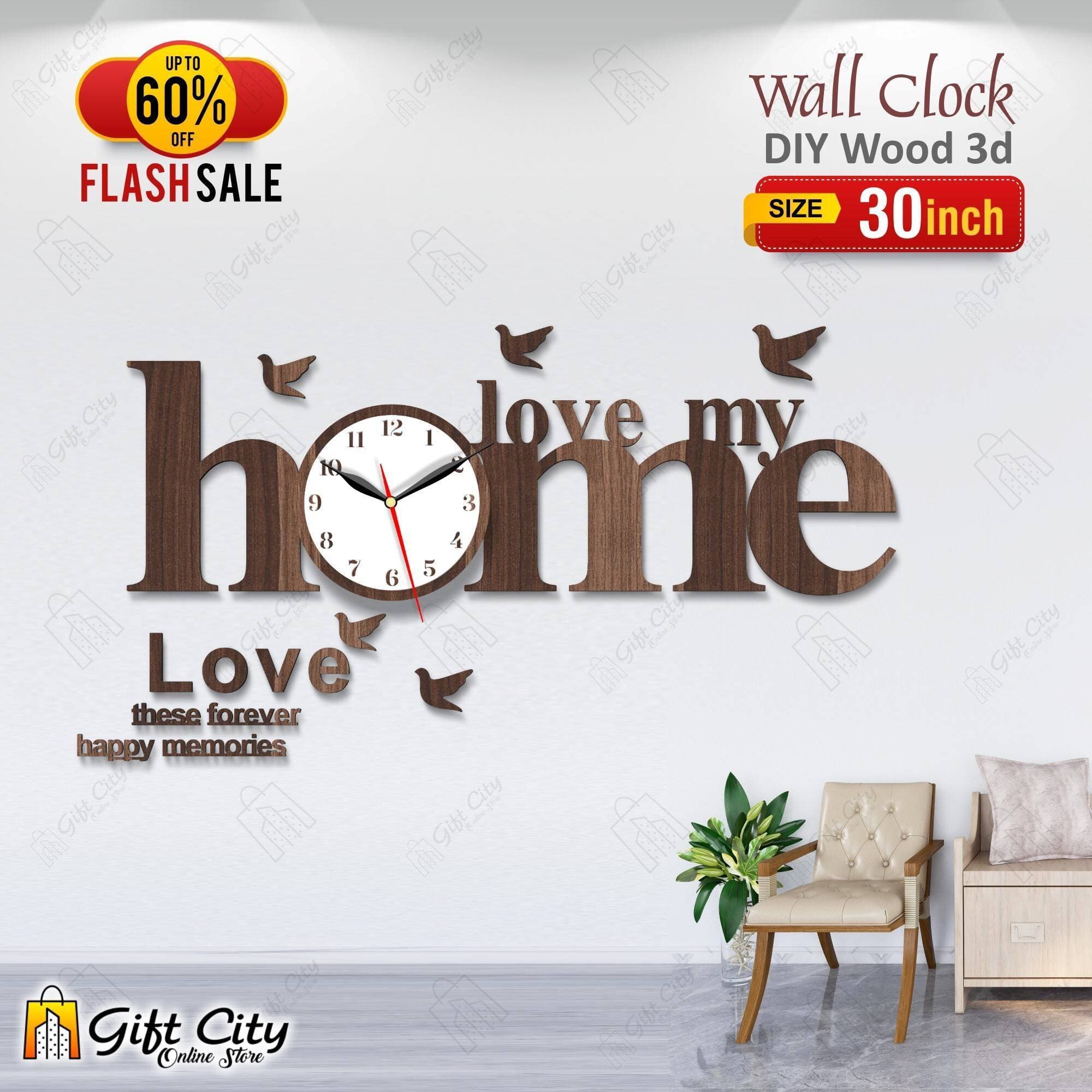 Brown Love My Home with Birds Wooden Wall Clock - GCOS13