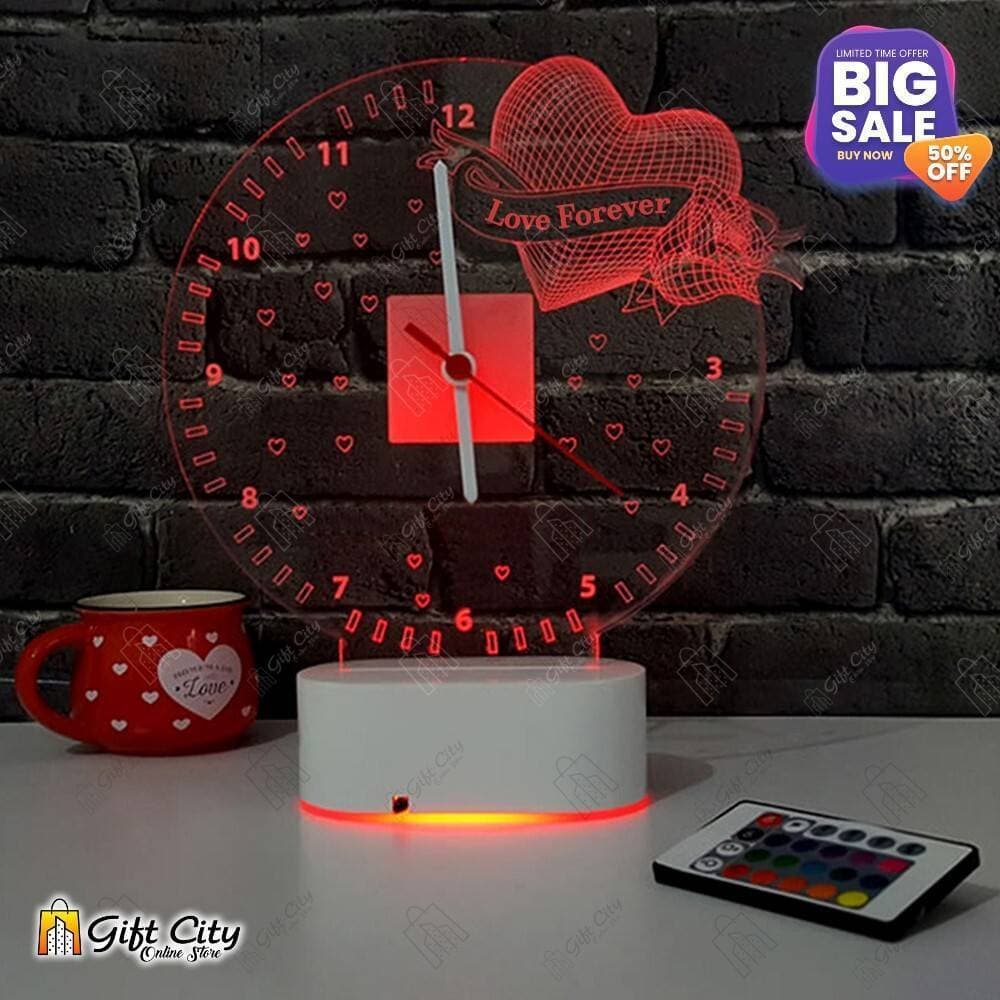 7 Color 3D Acrylic Romantic Night Led Table Clock Lamp with Remote for Home - GCOS16