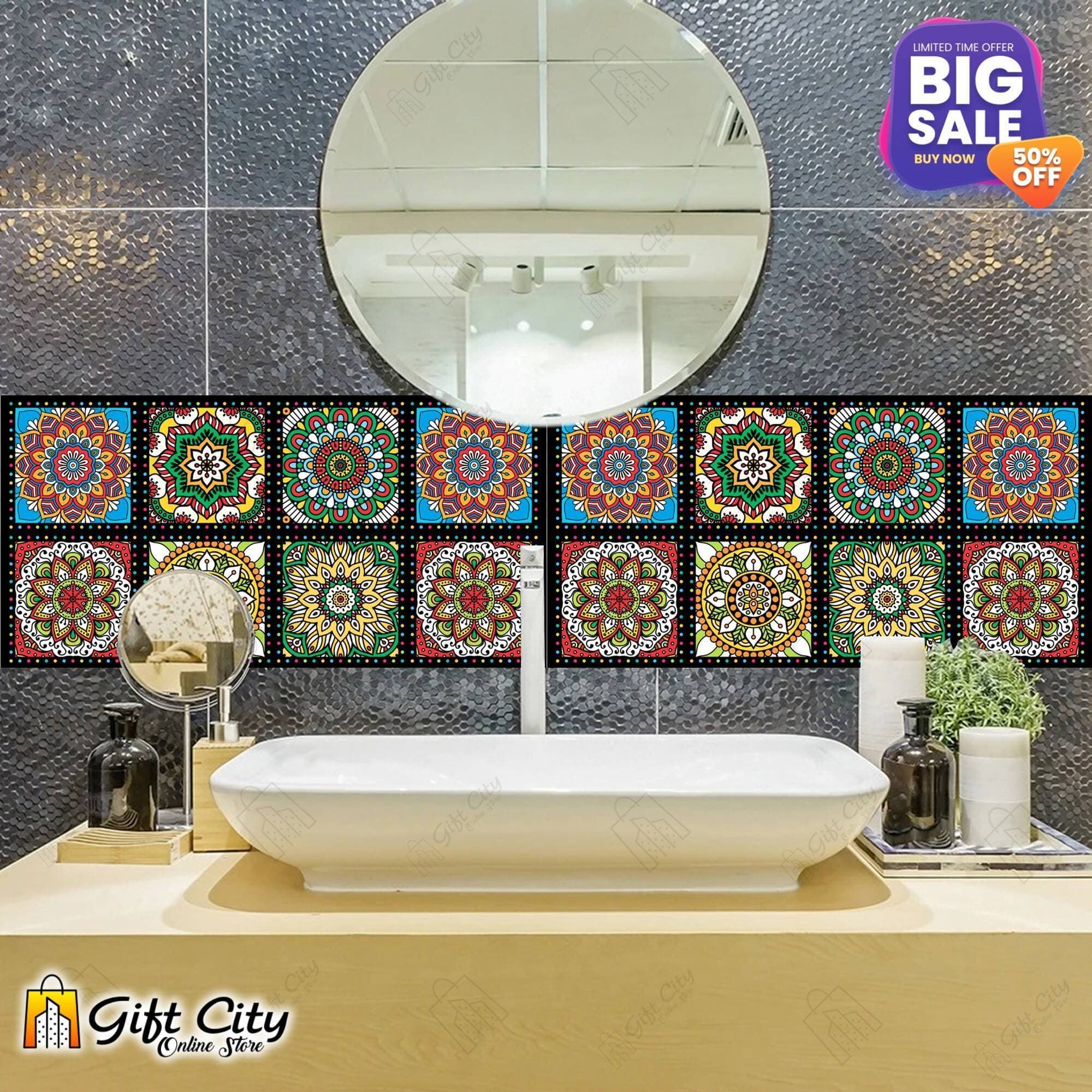 Tile Stickers Pack of 48 Pcs. 12x12 cm Colorful Mandala Pattern