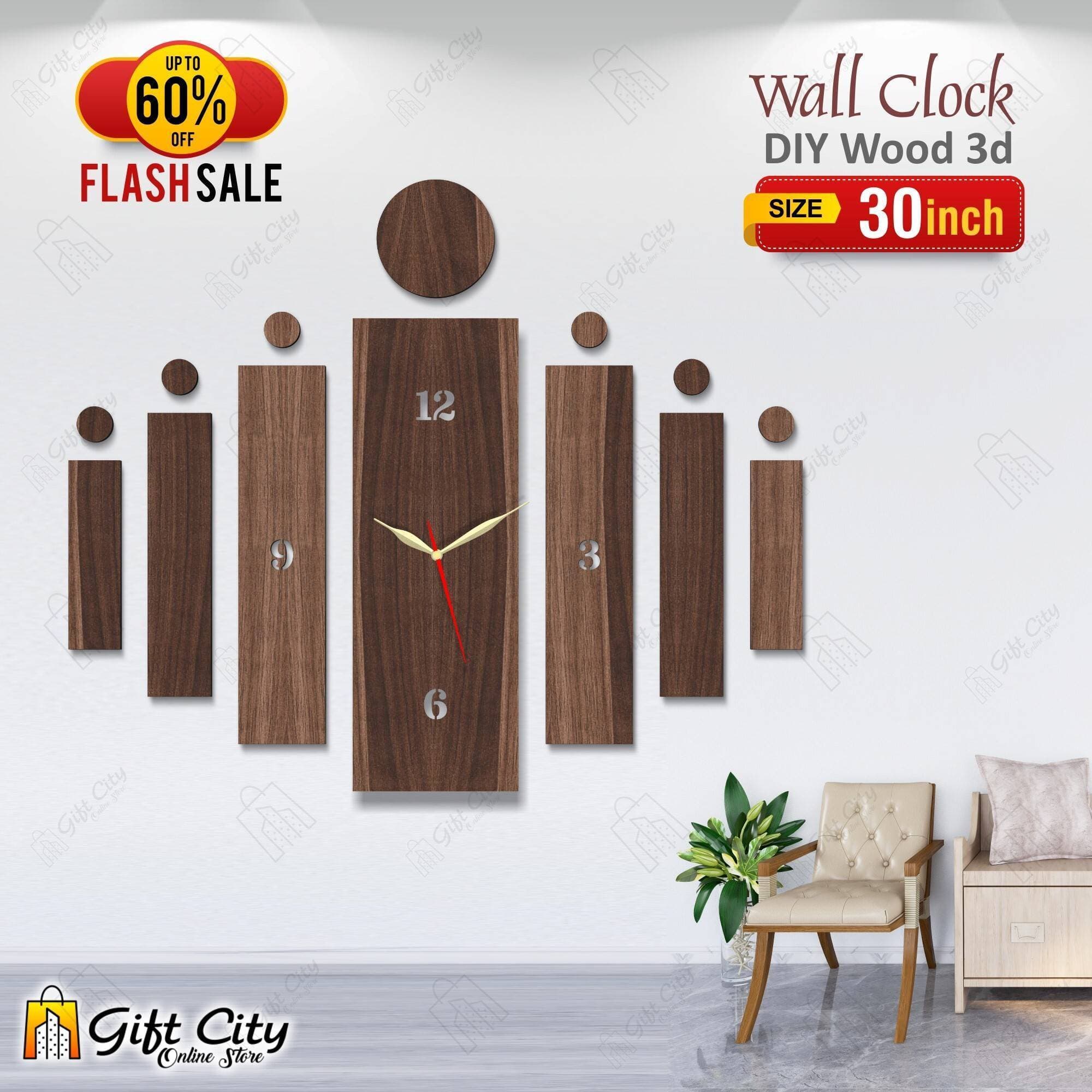 Brown Big 3d Wooden Wall Clock - GCOS02
