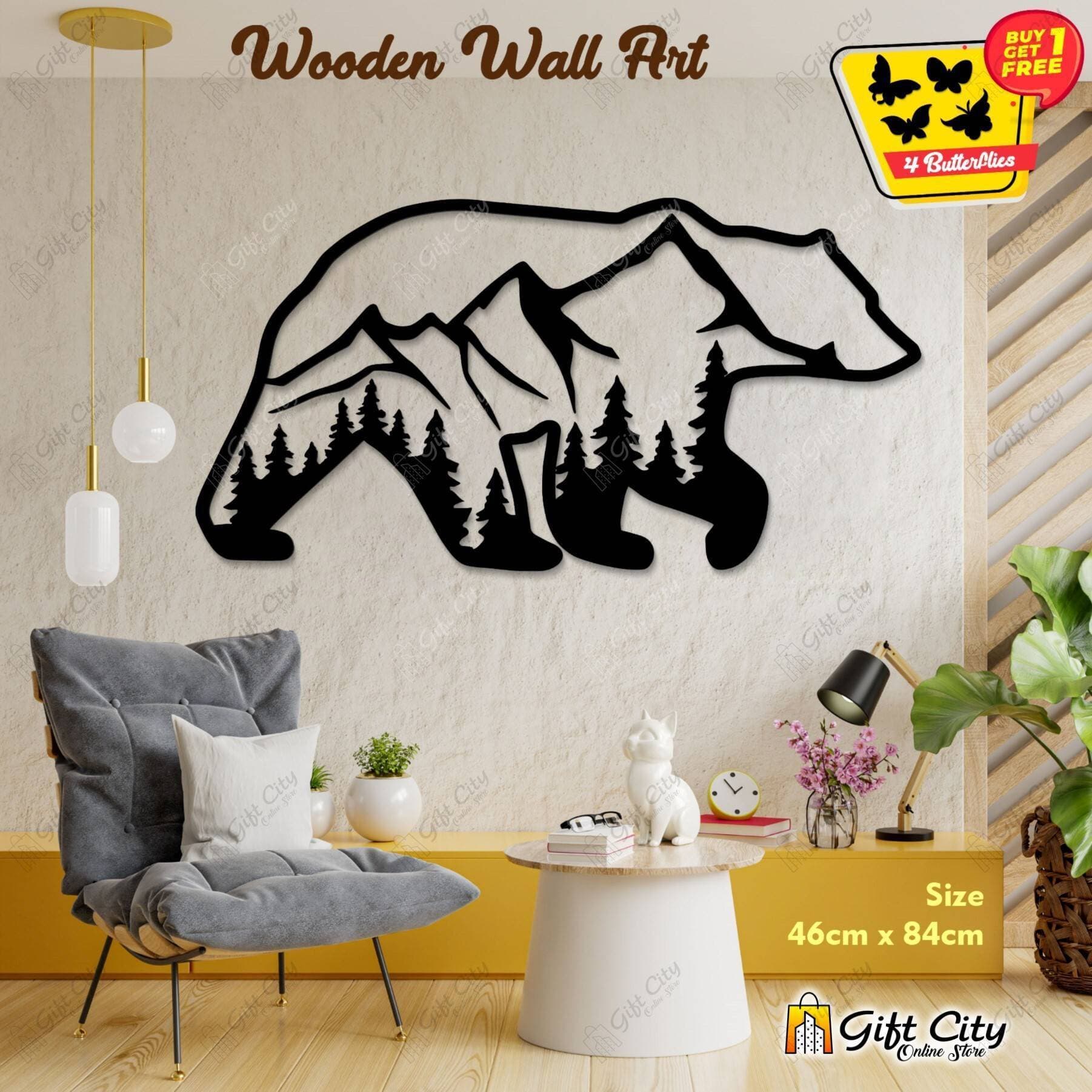 Free 4 Butterflies Mountains and Tree in Bear Decorative Wooden Wall Panels