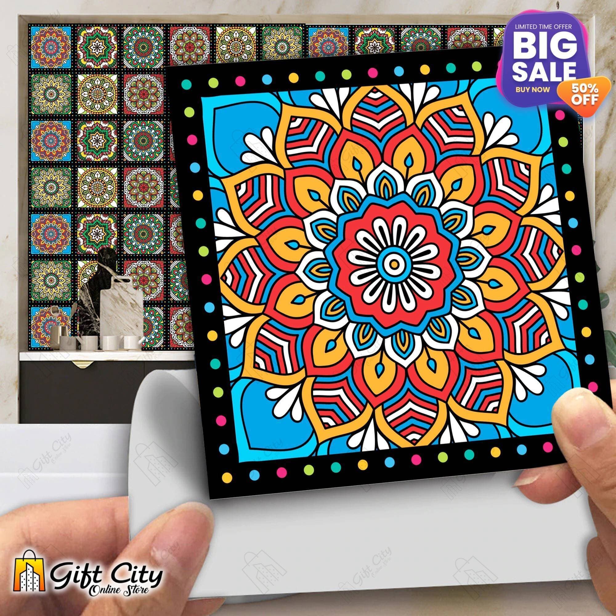 Tile Stickers Pack of 12 Pcs. 12x12 cm Colorful Mandala Pattern