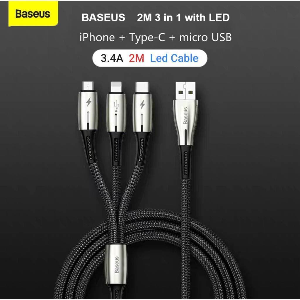 Baseus 200cm 3 in 1 USB Cable Quick Charge 3.4A Water Drop Led Cable for iphone Micro Usb Type C Port Data Transfer plus Charging